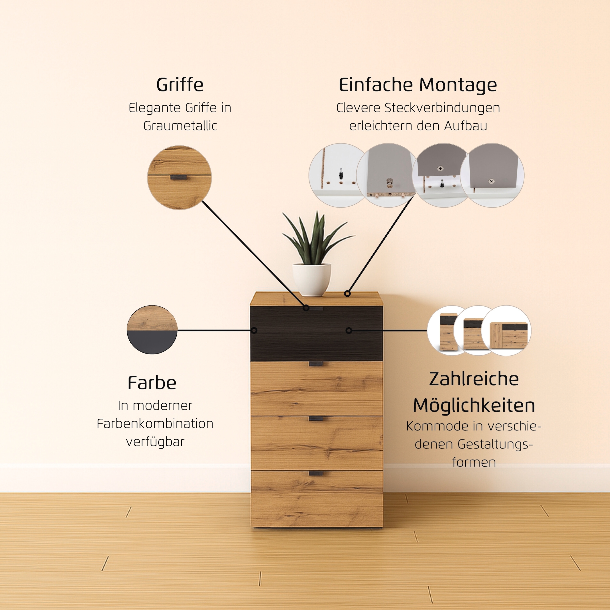 rauch Schubkastenkommode »Sideboard Kommode Schubladenkommode APOLLON« Breiten 40/80 cm, Höhe 81 cm,  mit 4 geräumigen Schubladen, oberer SK mit Absetzung MADE IN GERMANY