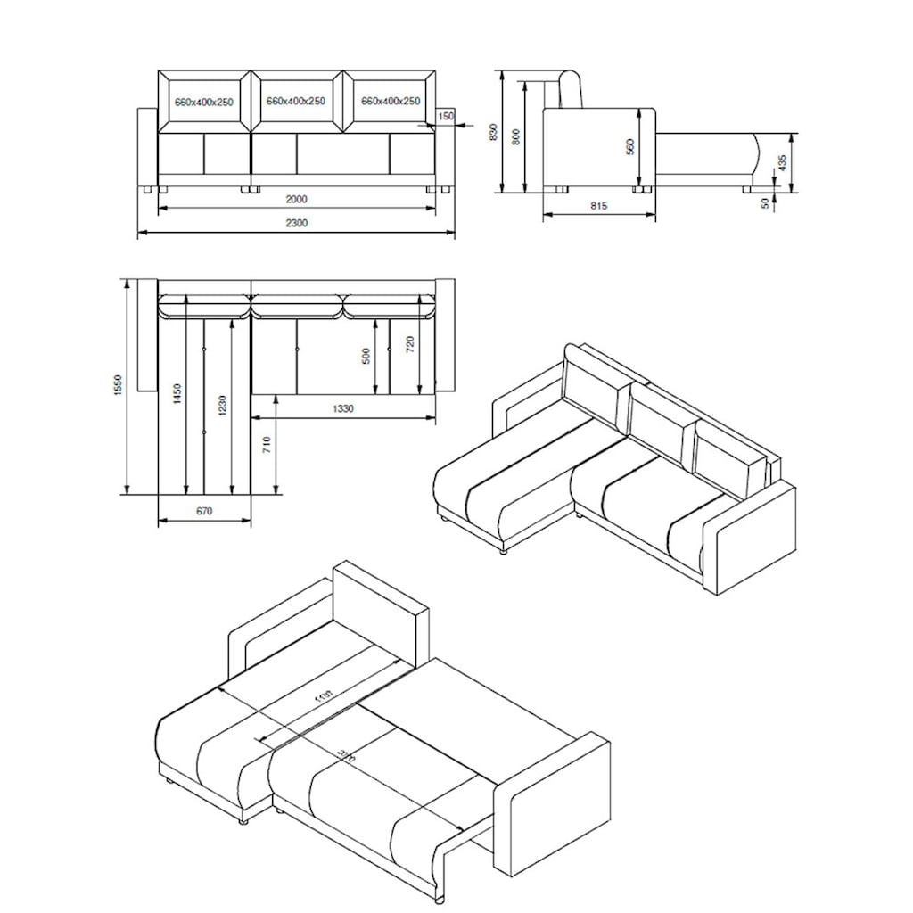 INOSIGN Ecksofa »Navarra, Schlafsofa, 230cm, m. Bettfunktion (115/200cm) und Bettkasten«