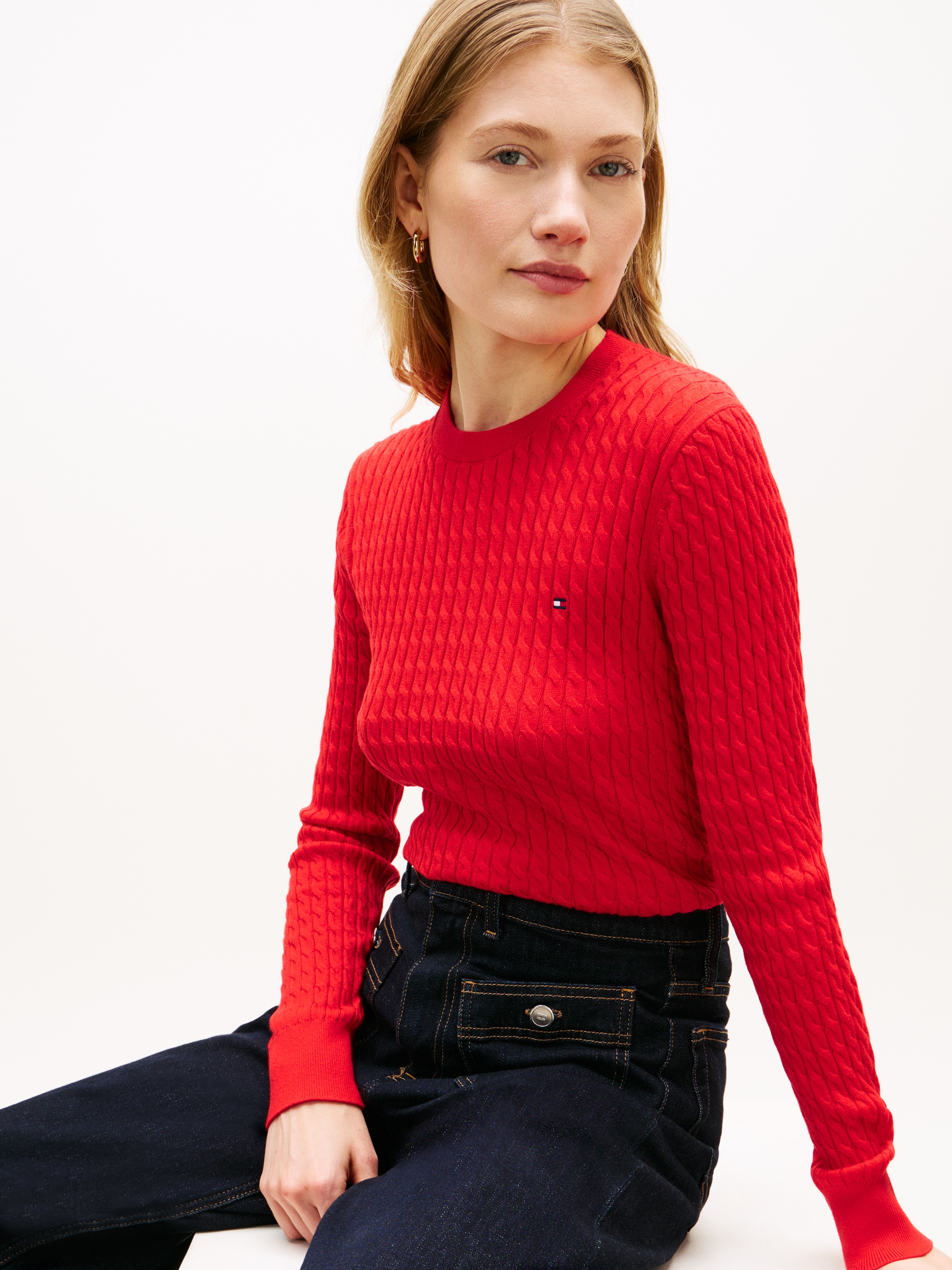 Tommy Hilfiger Rundhalspullover »CO CABLE C-NK LS SWEATER« Baumwolle, mit Zopfmuster, Regular Fit