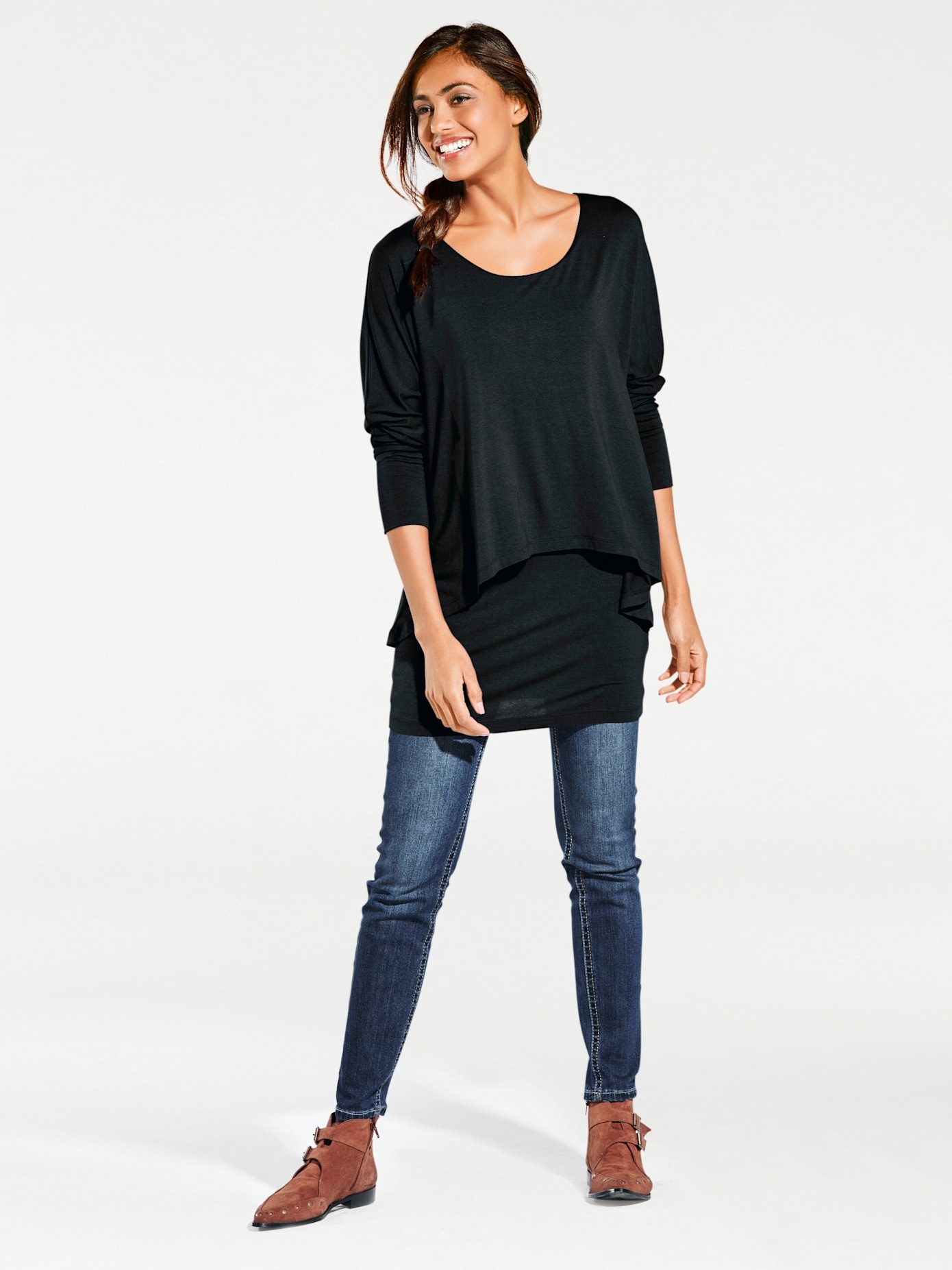 Rundhalsshirt HEINE "Rundhals-Shirt", Damen, Gr. 44, schwarz, 95% Viskose, 5% Elasthan, unifarben, Rundhals, Shirts Rundhalsshirt