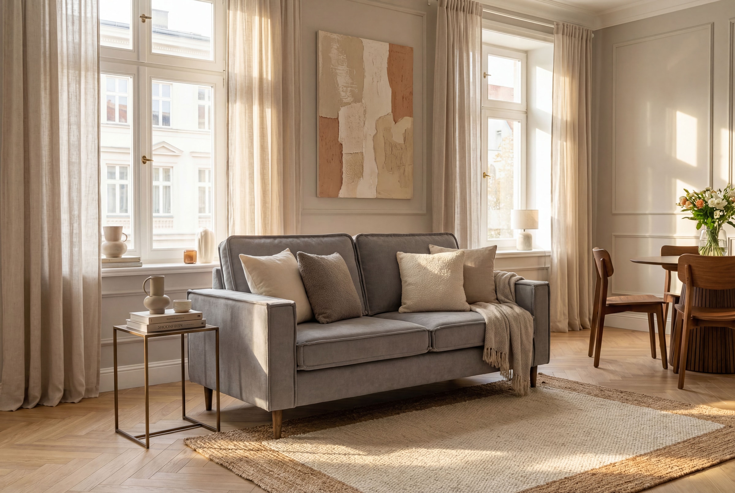 OTTO home 2-Sitzer "Pinto Skandi, 166 cm, Chenille, Struktur" mit Keder, Massivholzfüße Eiche geräuchert, Wellenunterfederung