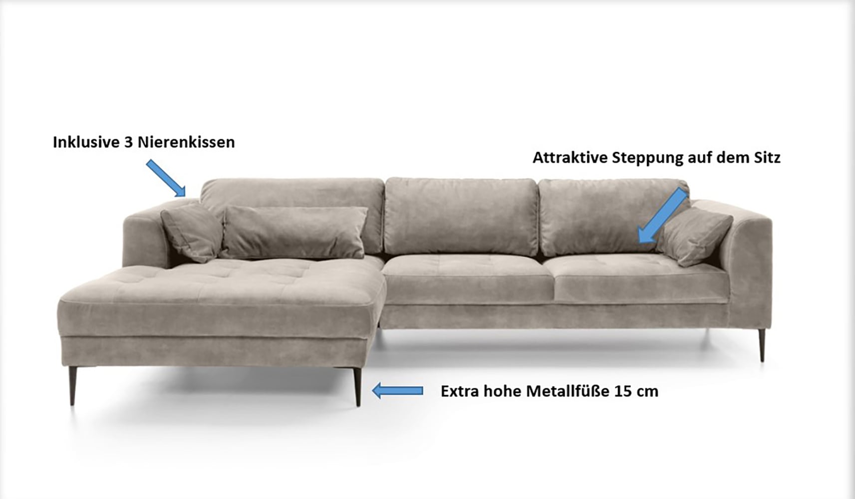 TRENDMANUFAKTUR Ecksofa »Luzi, wahlweise mit Schlaffunktion und Bettkasten bestellbar, L-Form«, Designsofa mit tollem Sitzkomfort, Metallfüße schwarz, Breite 280 cm