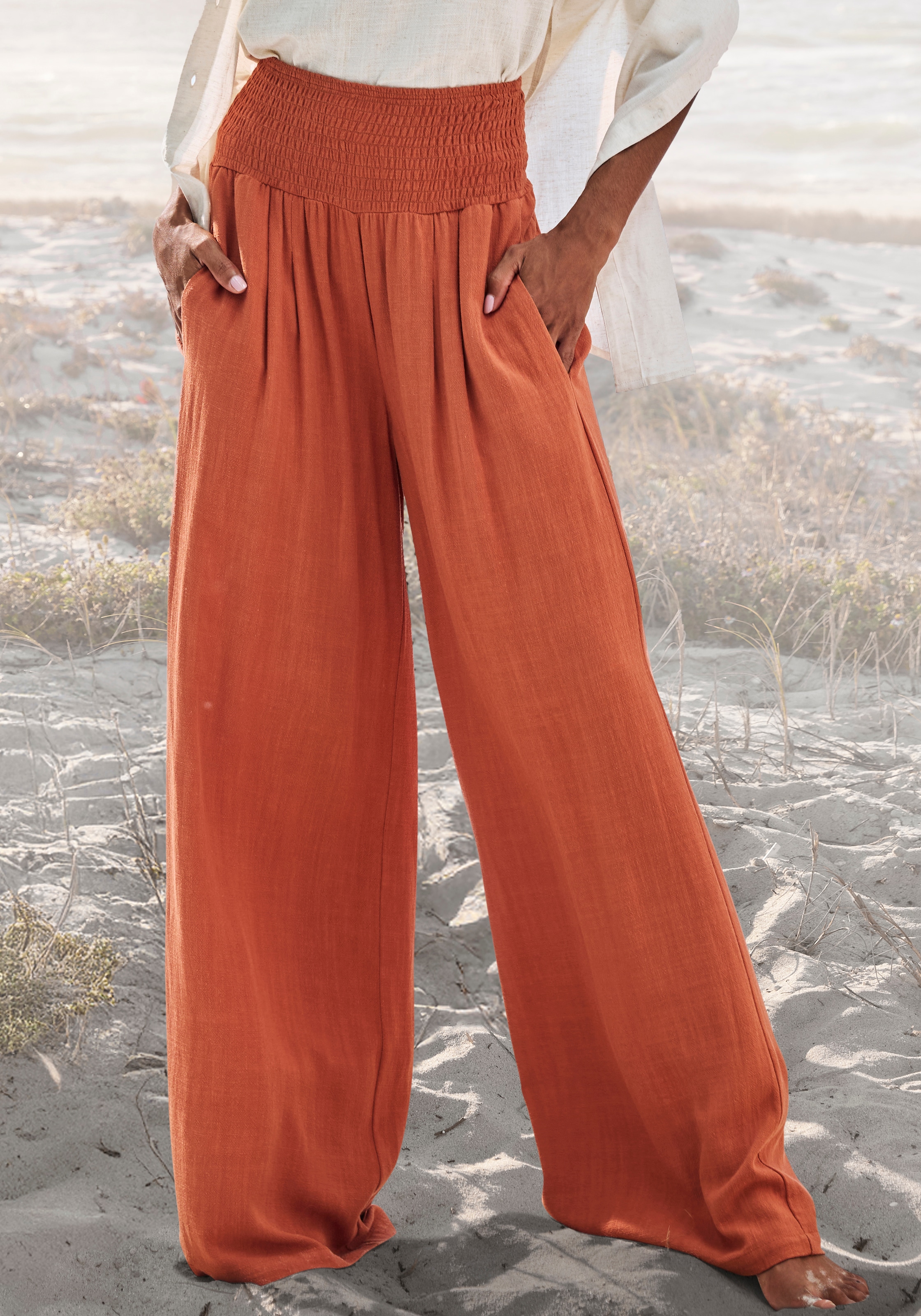 French Connection Leinenhose "mit hohem Smokbund" weite Palazzohose für den Sommer, lockere Schlupfhose, Strandhose