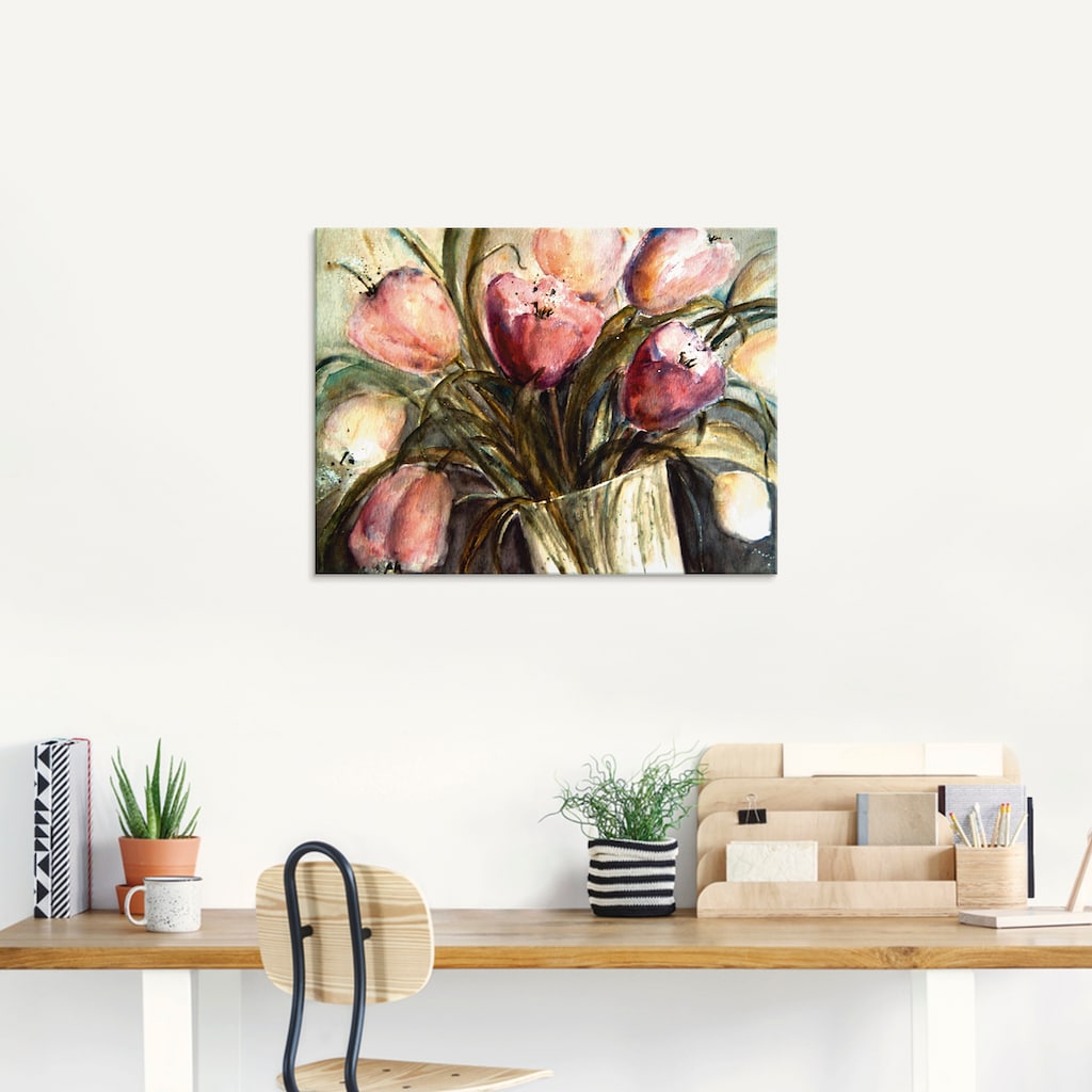 Artland Glasbild »Lila Tulpen in Vase«, Blumen, (1 St.)