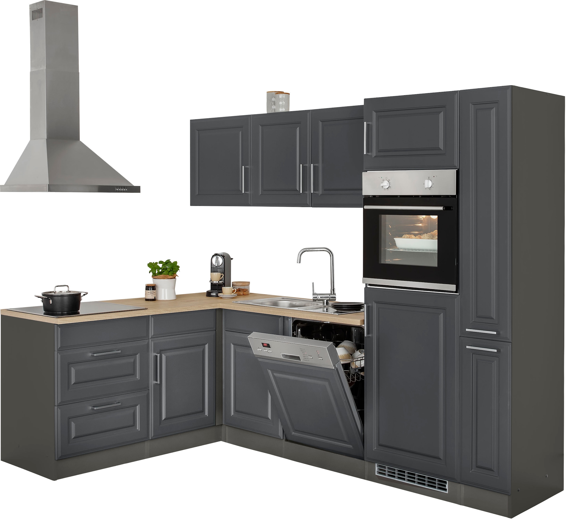 HELD MÖBEL Winkelküche »Stockholm«, Stellbreite 260/170 cm, mit E-Geräten, MDF Frontenl