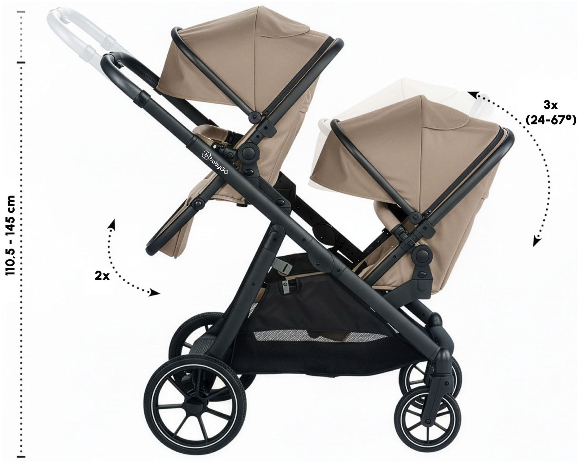 BabyGo Zwillings-Kombikinderwagen »Duo« inkl. Wickeltasche u. 2 Regenhauben