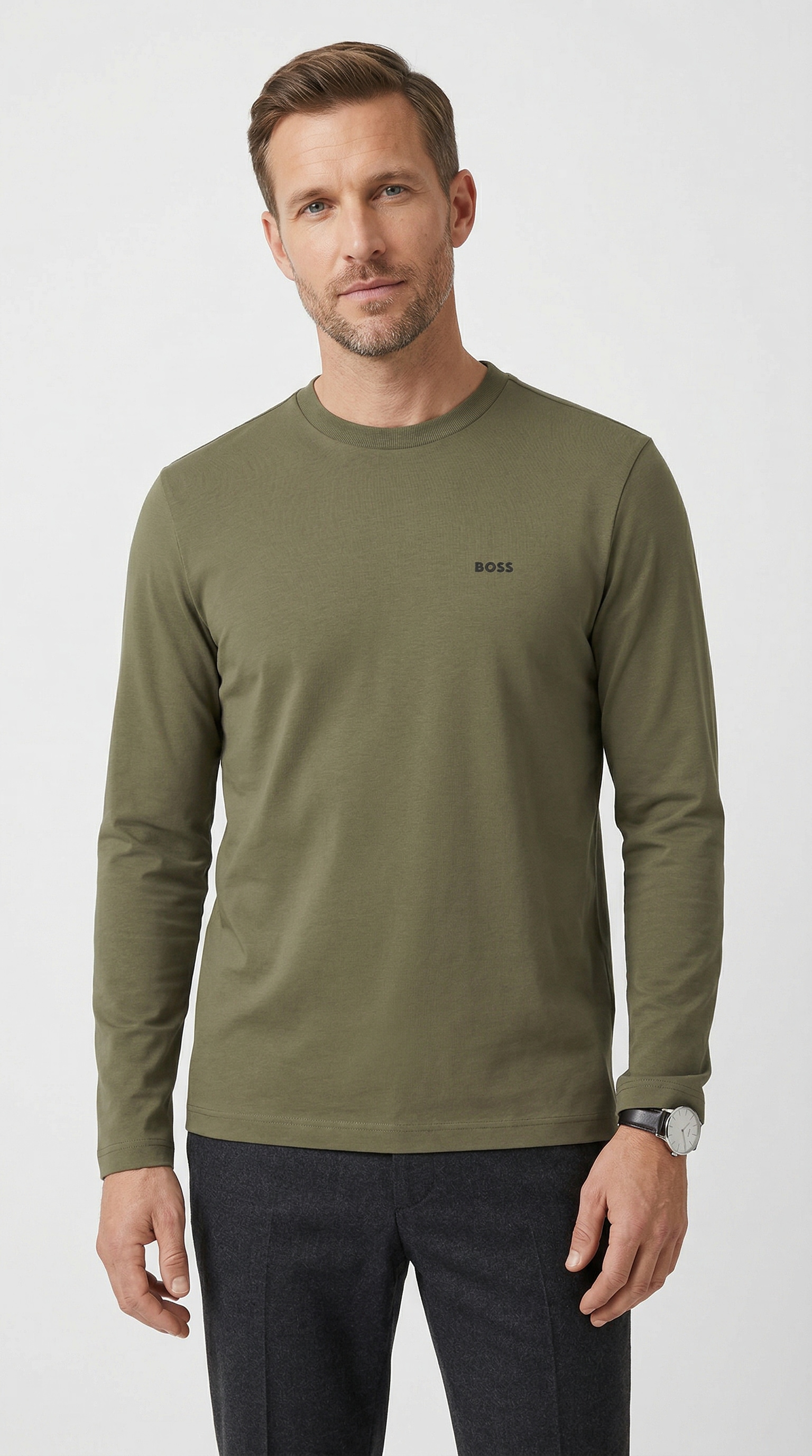 BOSS GREEN Langarmshirt "Tee Long Regular Fit" Stretch Jersey Cotton, Logo on Chest, Rundhals