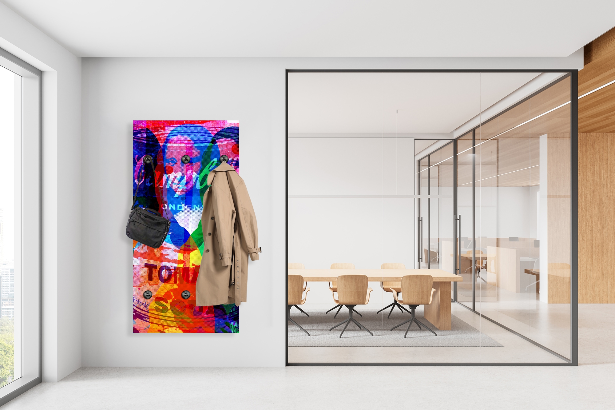 queence Wandgarderobe »Mona Lisa Abstrakt Collage« 1 Stk. tlg. Wandpaneel aus Acrylglas inkl. 6 Edelstahlhaken in schwarz matt