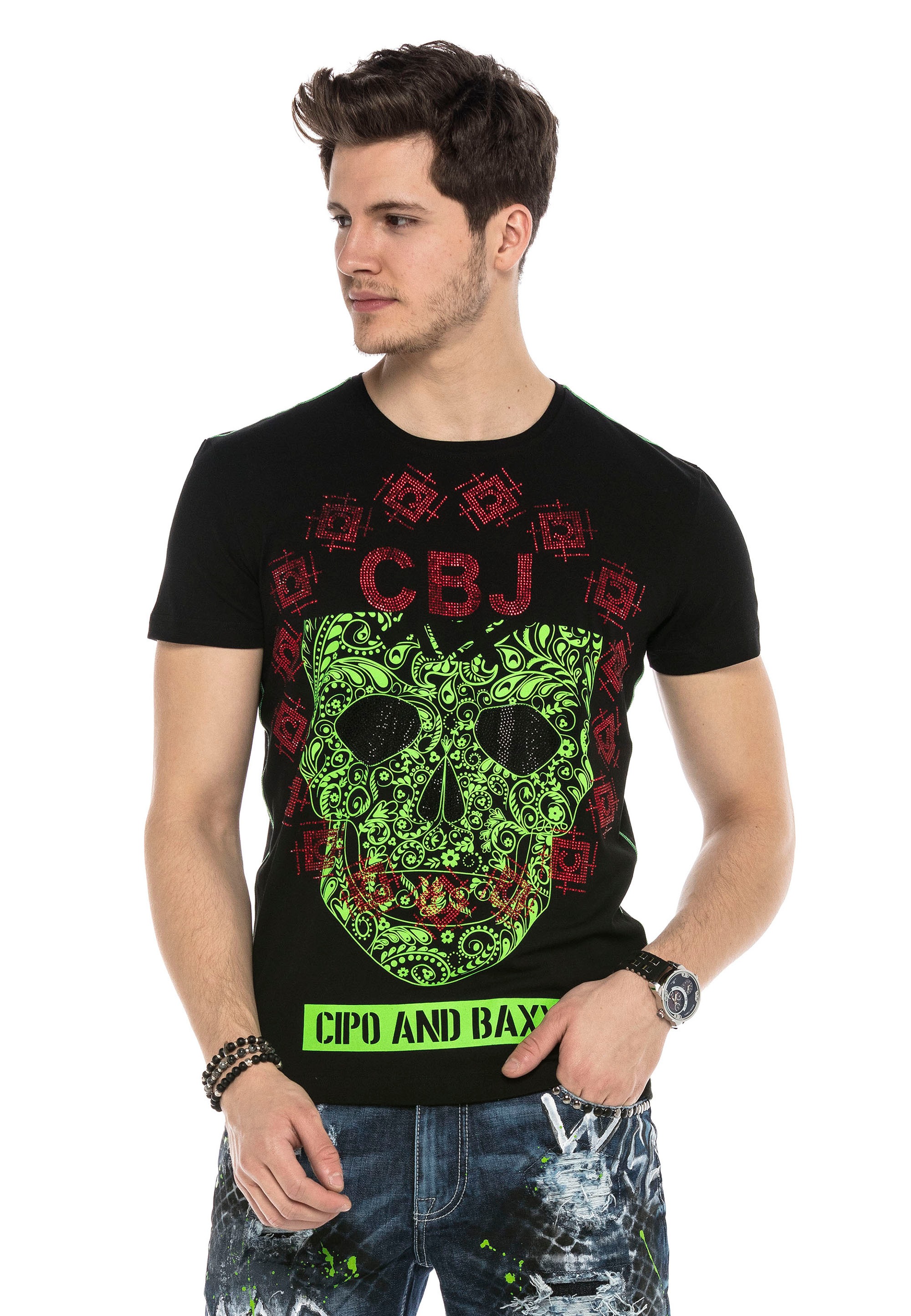 Cipo & Baxx T-Shirt, mit stylischem Totenkopfprint