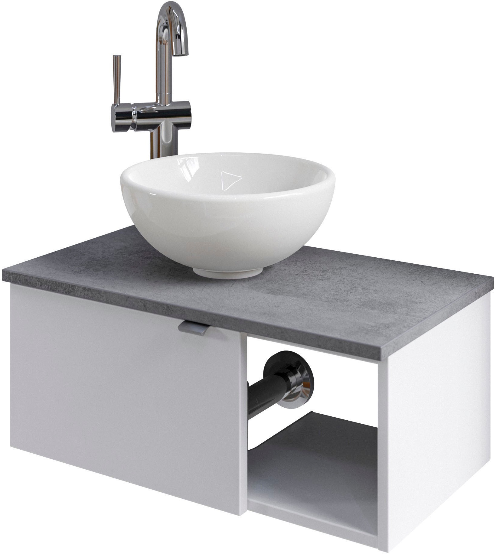 Saphir Waschtisch "Serie 6915 Waschschale mit Unterschrank für Gästebad, Gäste WC" Keramik-Aufsatzbecken, Waschtischplatte, Waschtischunterschrank, 3 Stk. tlg. 61 cm breit, 1 Tür, offenes Fach, kleine Bäder, ohne Armatur