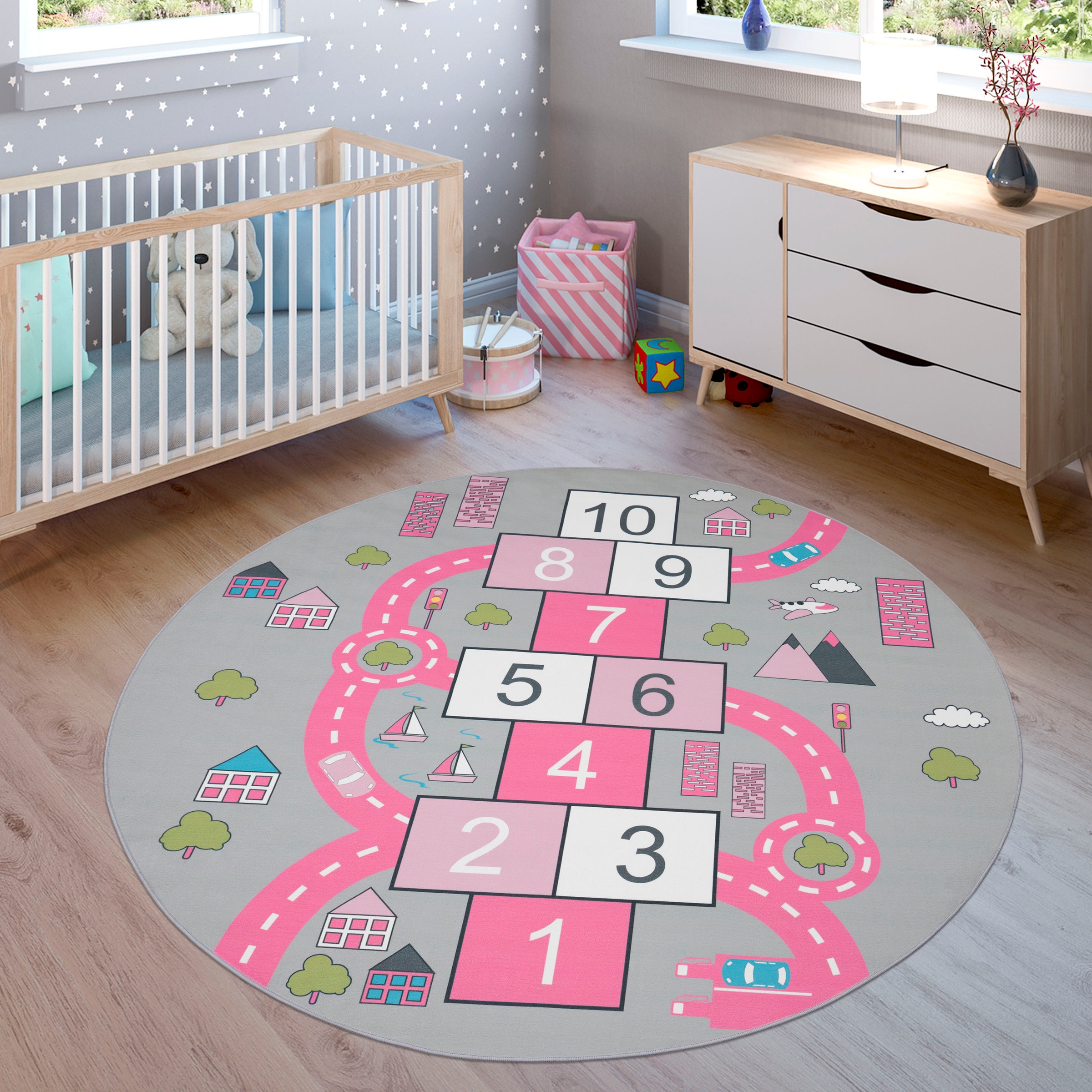 Paco Home Kinderteppich »Bino 569«, rund, 4 mm Höhe, Kurzflor, Straßen-Spiel-Teppich & Spielmotiv Hüpfkästchen