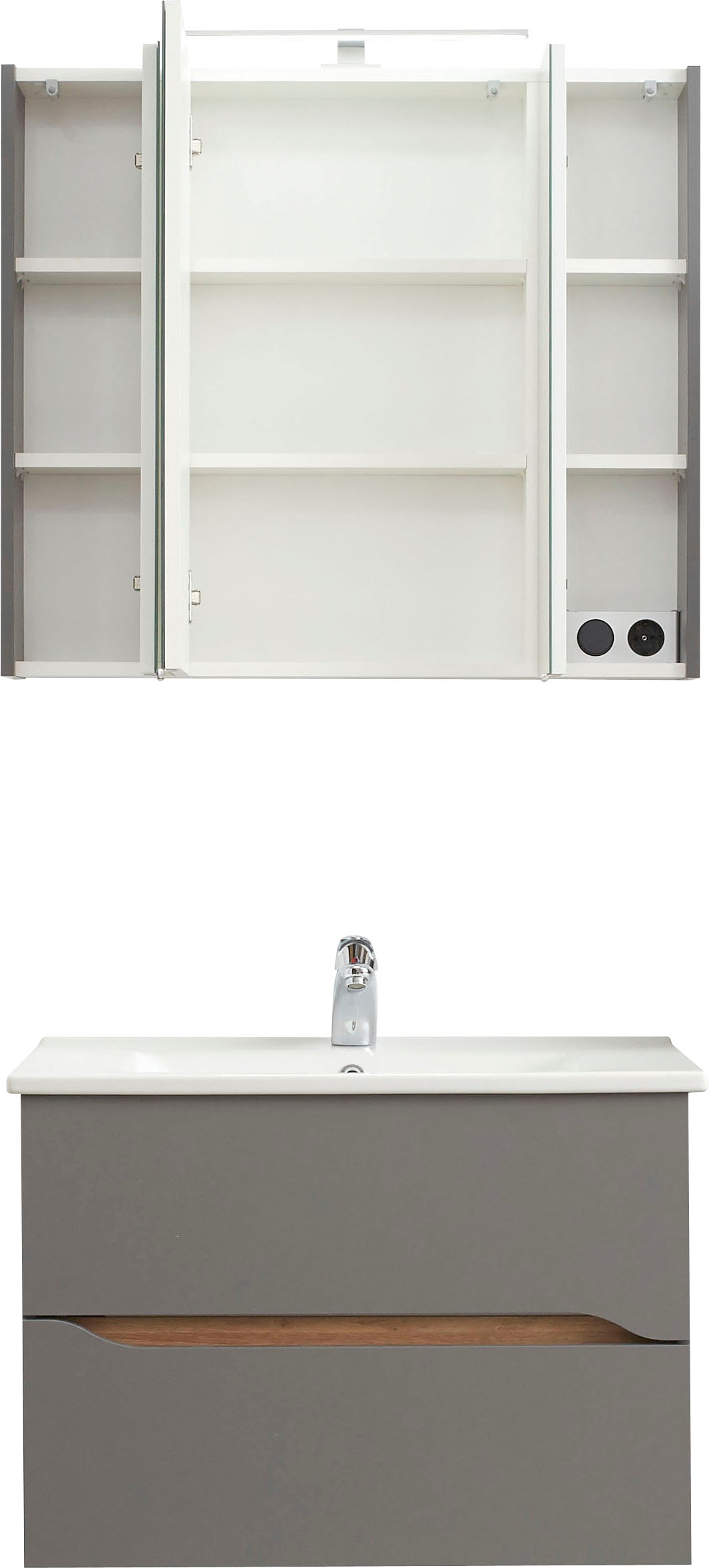 Saphir Badmöbel-Set »Quickset 2-teilig, Keramikwaschtisch mit LED-Spiegelschrank«, (2 St.), 80 cm breit, 2 Schubladen, 3 Spiegeltüren, 6 Einlegeböden