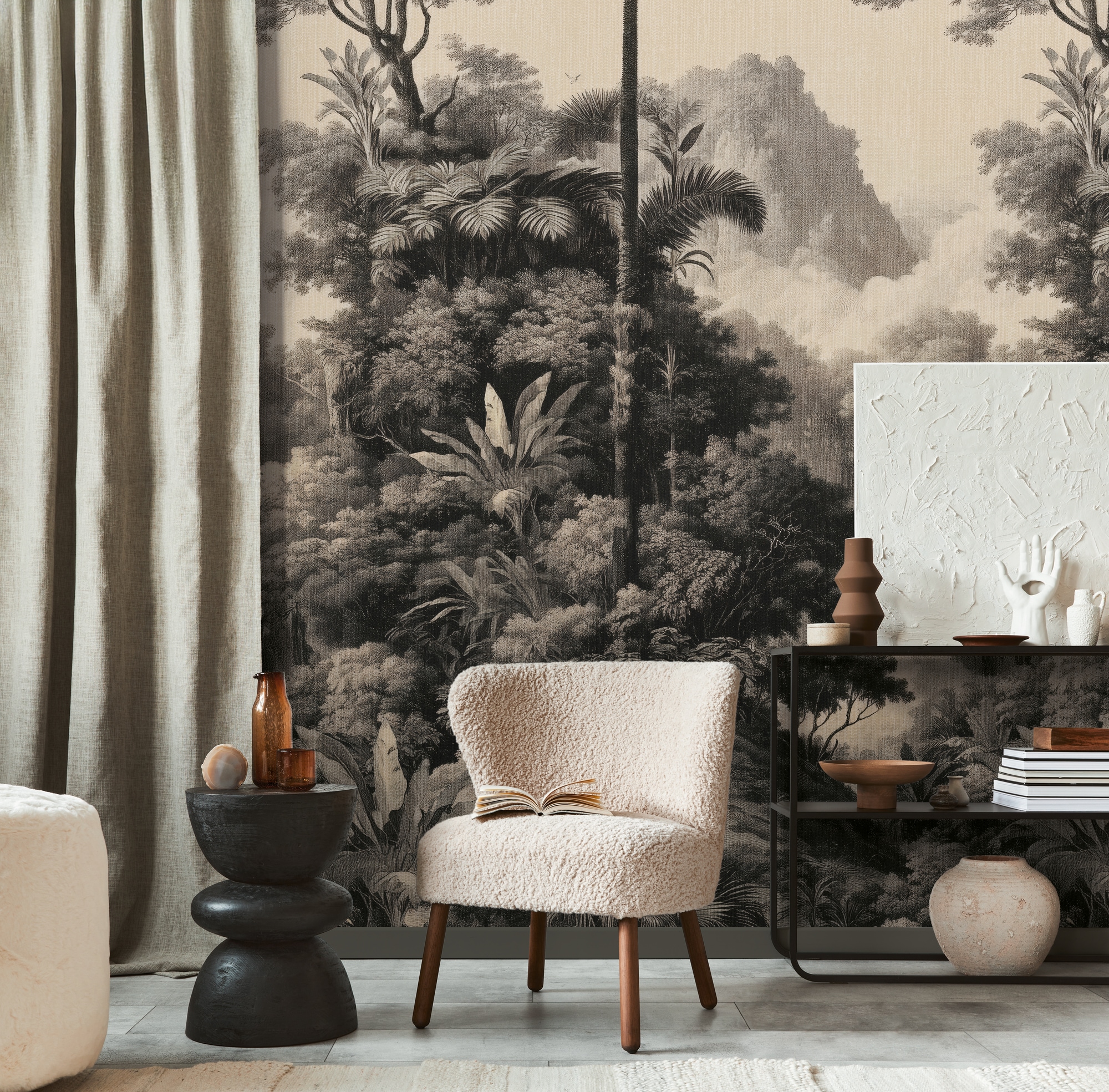 living walls Vliestapete »Vibes & Styles Monteluna – Vintage Jungle Fototapete« floral leicht strukturiert Detailreiche Dschungellandschaft mit malerischer Tiefe