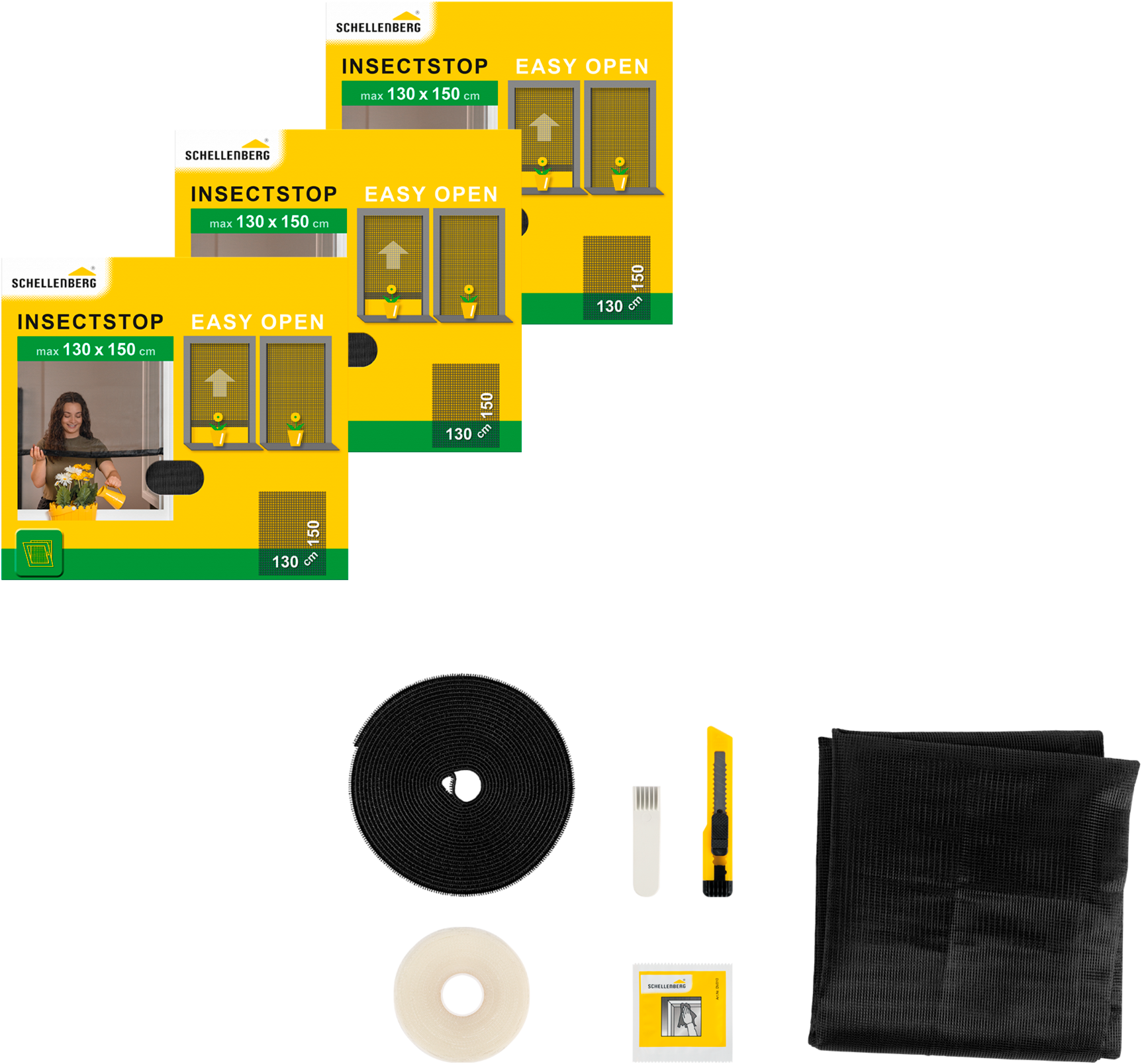 SCHELLENBERG Fliegengitter-Gewebe "aufrollbar, für Fenster", B/H: 130cm x 150cm, 3er Pack, grau, Insektenschutzgitter, Klebe-Klett-Montage, 130 x 150