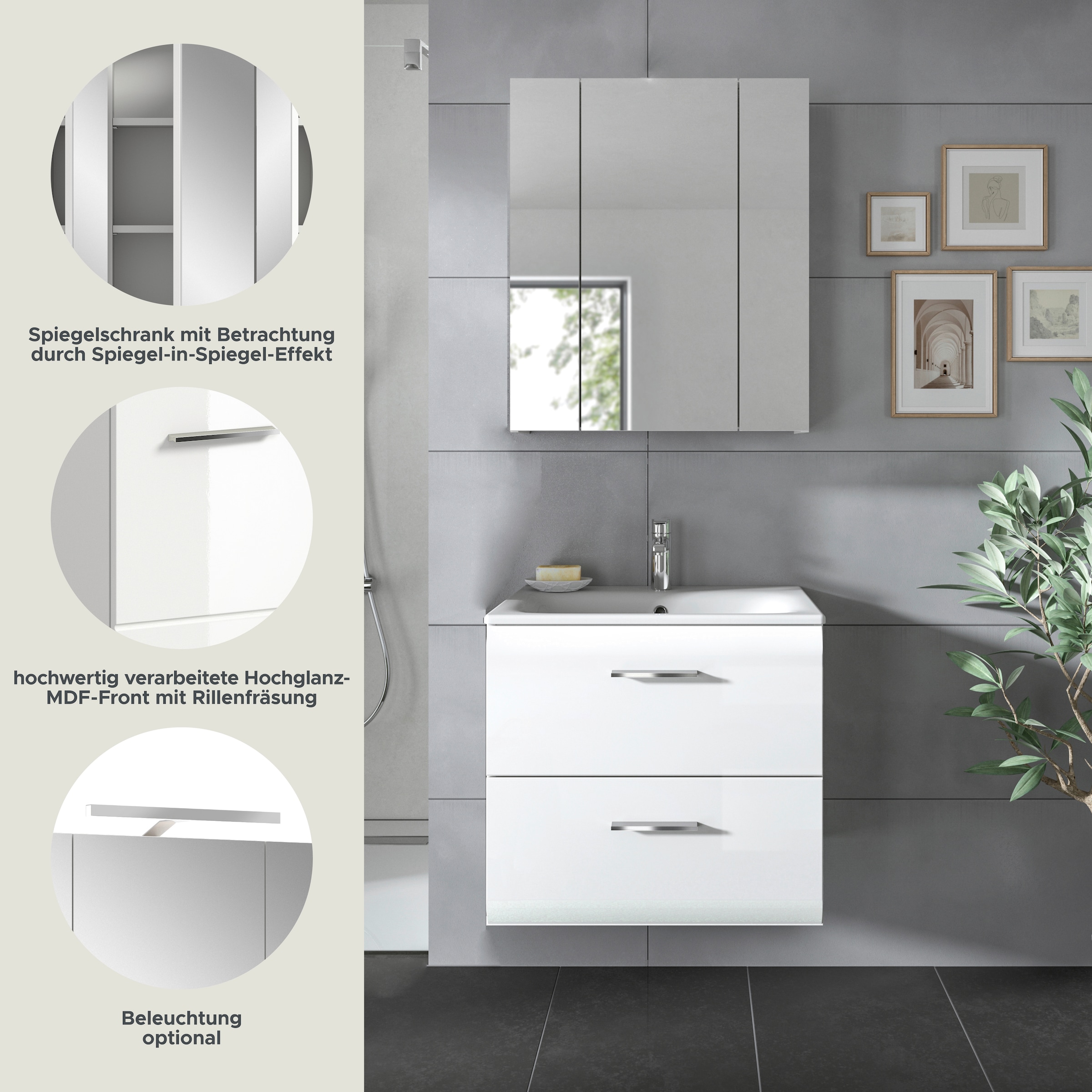 INOSIGN Badezimmer-Set, (Set, 3 St.), Florenz, Badkombination 3-tlg., Weiß Hochglanz, inkl. Waschbecken
