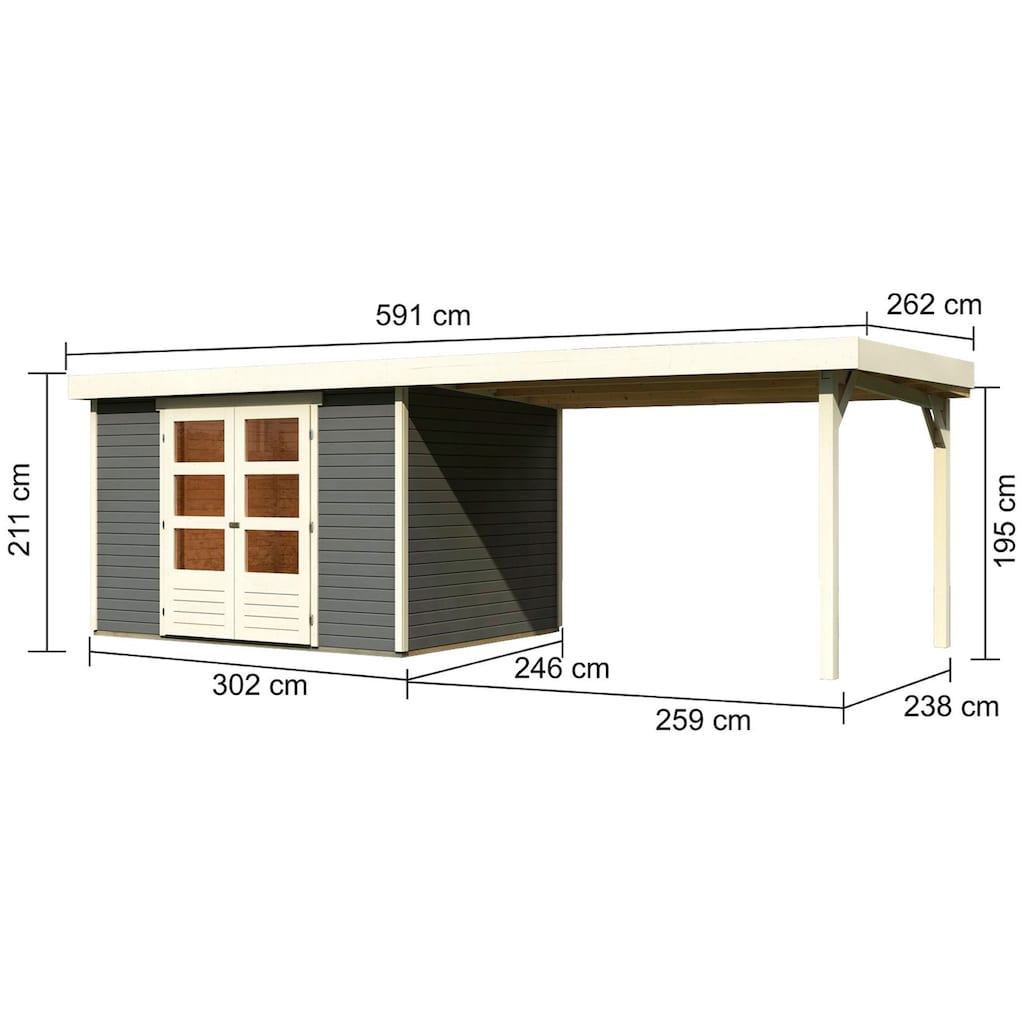 Karibu Gartenhaus »"Arnis 5" SET anthrazit mit Anbaudach 2,80 m Breite«, (Set), aus hochwertiger nordischer Fichte