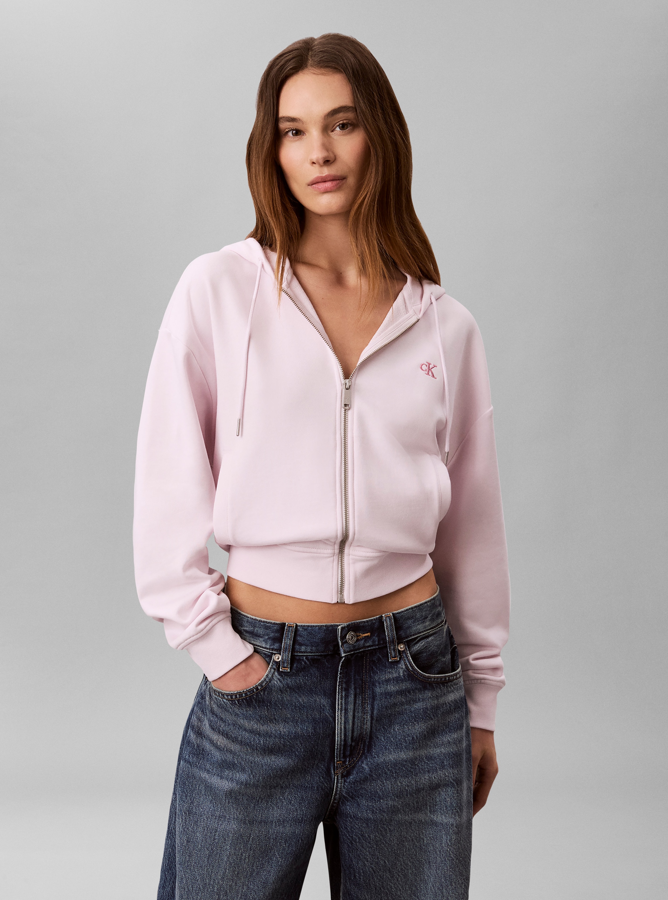 Calvin Klein Jeans Sweatjacke "LS MONOGRAM TERRY CROP RELAXED F" Regular fit mit Kapuze mit Kordelzug