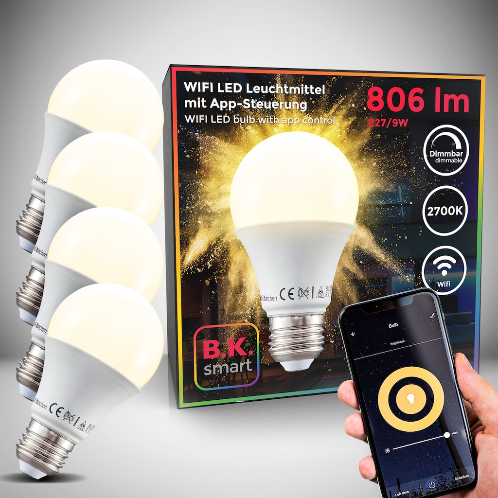 B.K.Licht LED-Leuchtmittel, E27, 4 St., Warmweiß, Smart Home LED-Lampe RGB WiFi App-Steuerung dimmbar Glühbirne 9W 806 Lumen