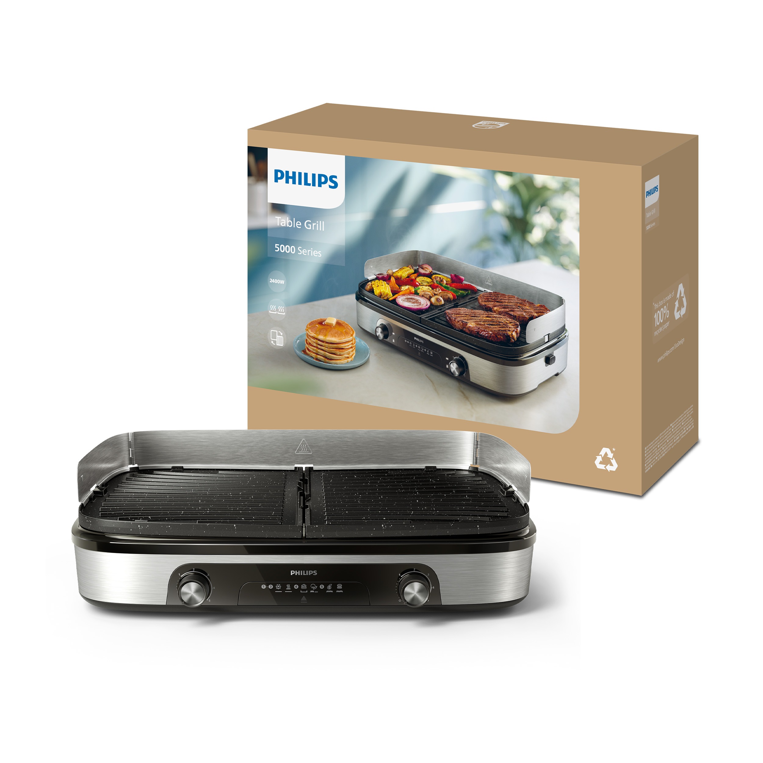 Thumbnail - Philips Tischgrill "HD6222/90 5000 Series, 2 Heizzonen, wendbare Platten" 2400 W mit einstellbarer Temperatur u. Grillfl...