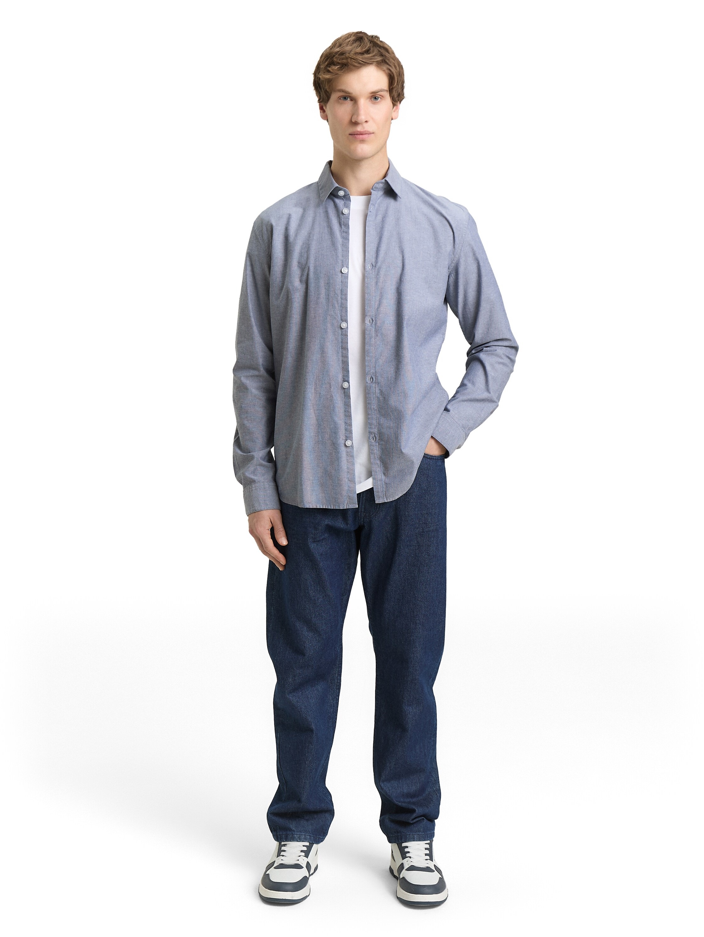 Langarmhemd TOM TAILOR DENIM, Herren, Gr. S, N-Gr, night blau weiß chambray, Single Jersey, Obermaterial: 100% Baumwolle, unifarben, regular fit normal, ohne Ausschnitt, 2-Knopf-Manschette krempelbar, Hemden, mit Knopfleiste 3