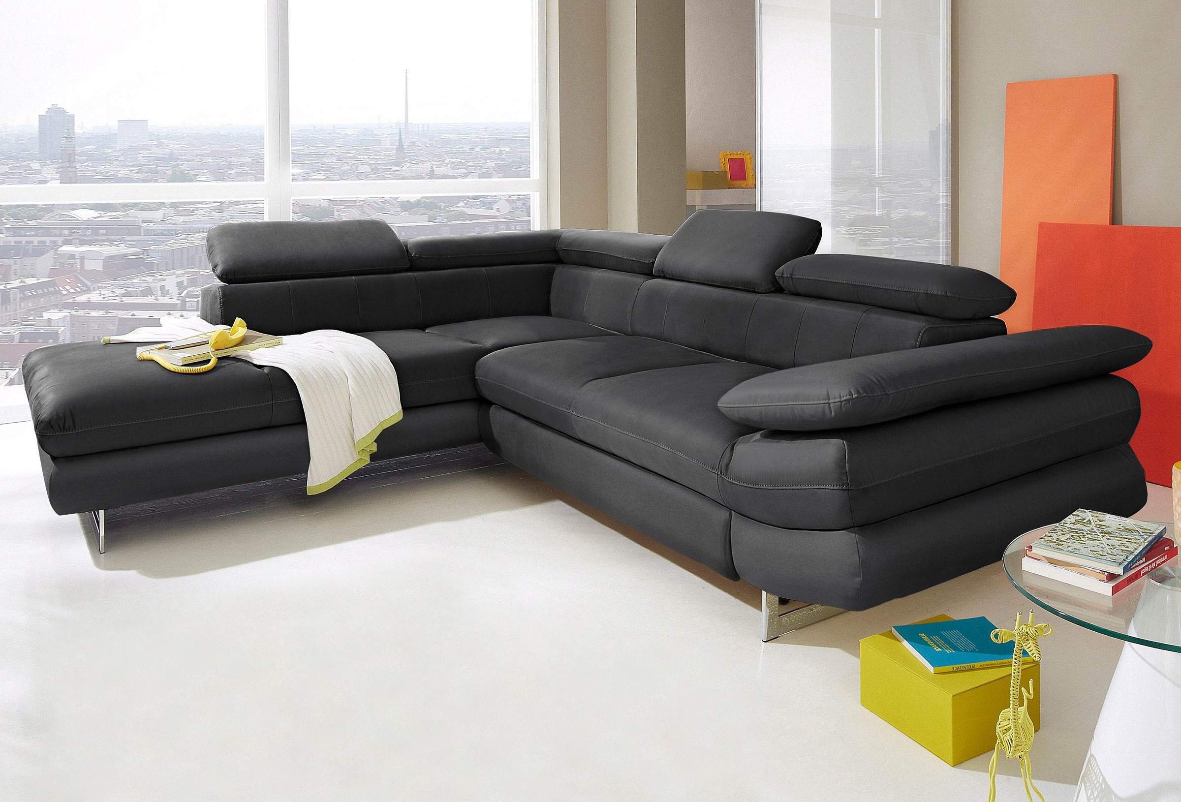 COTTA Ecksofa "Solution L-Form, Design Sofa, bequeme Wellenunterfederung, Design Fuß" mit Arm- & Kopfteilverstellung, wahlweise mit Schlaffunktion