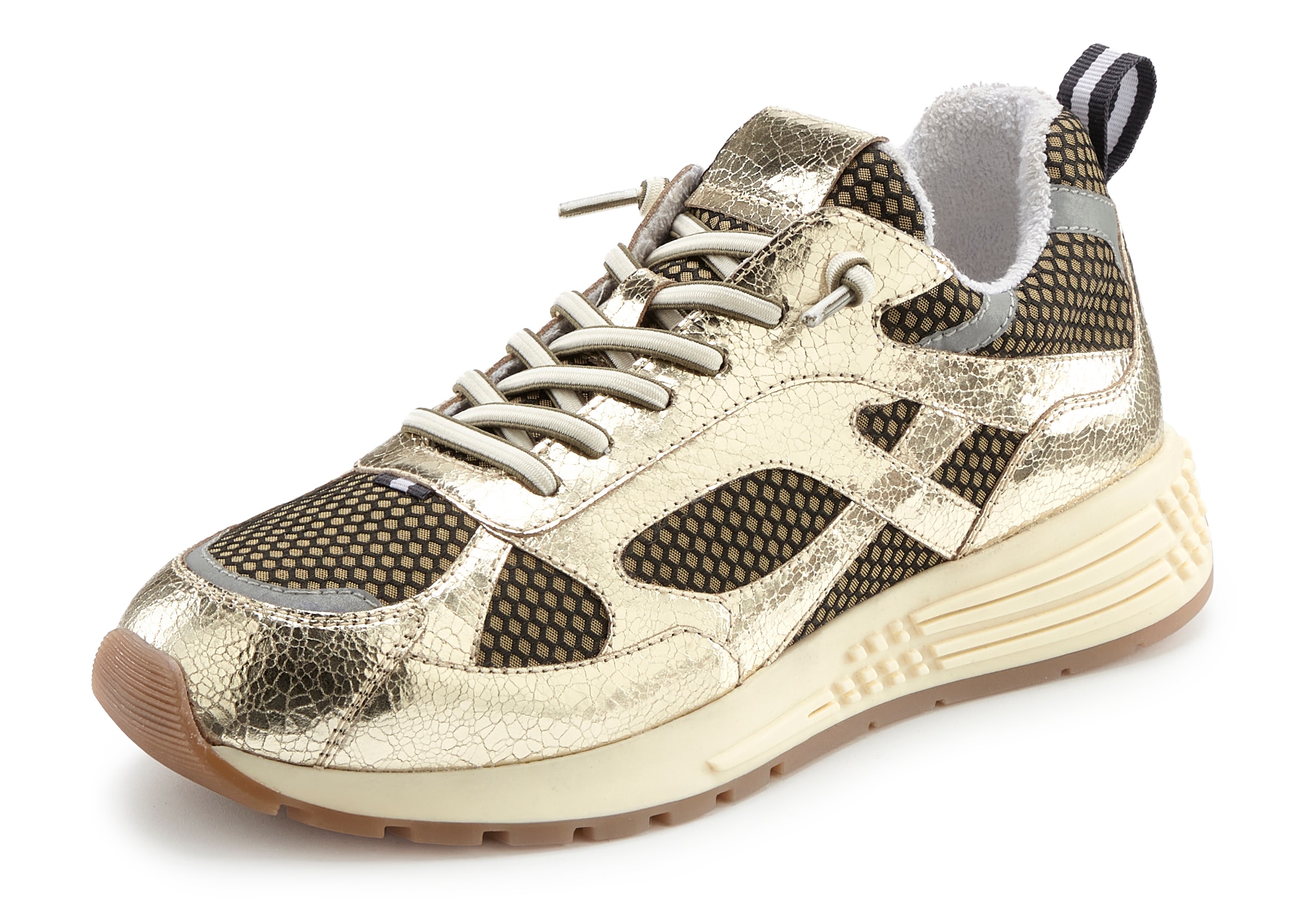 LASCANA Sneaker »Schnürhalbschuh, Freizeitschuh«, mit Lederanteil, Metallic-Look und elastischen Schnürbändern