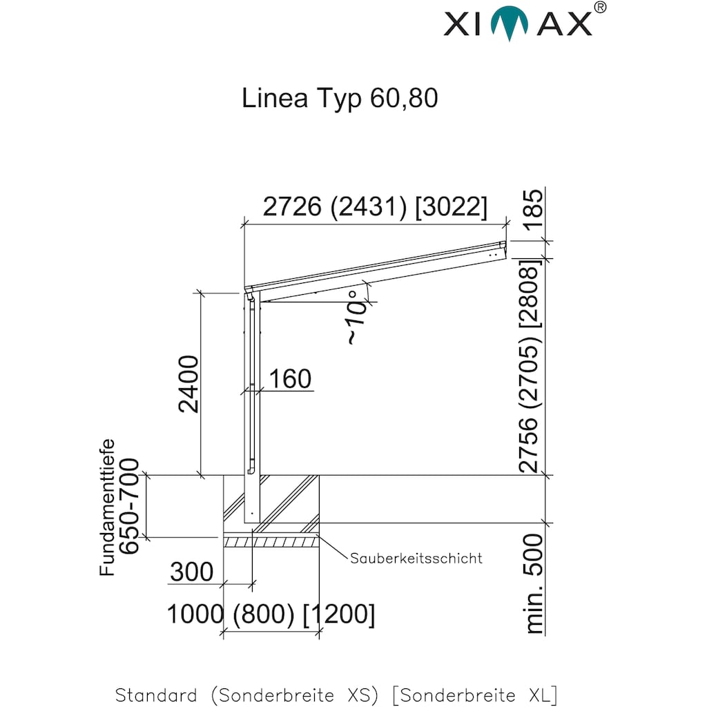 Ximax Einzelcarport »Linea Typ 60 Standard-Edelstahl-Look«, Aluminium, 257 cm, edelstahlfarben, Aluminium