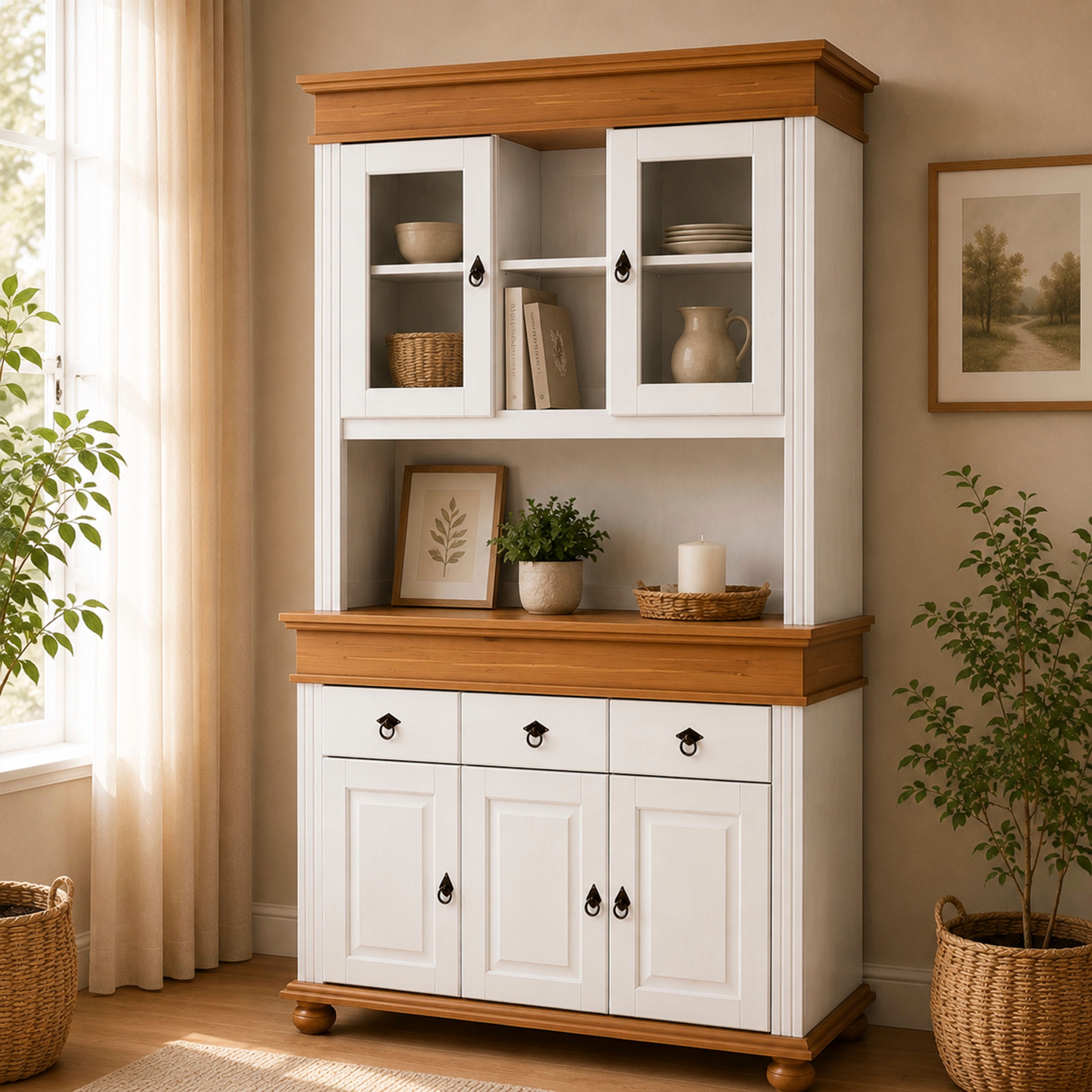 Inter Link Buffet »Halmaro, Kiefer Massivholz, Weiss/Braun-Oak, 141 x 46,30 x 213 cm« 1 Stk. tlg. Vitrine im Laudhausstil, Küchenschrank mit Glastüren, viel Stauraum