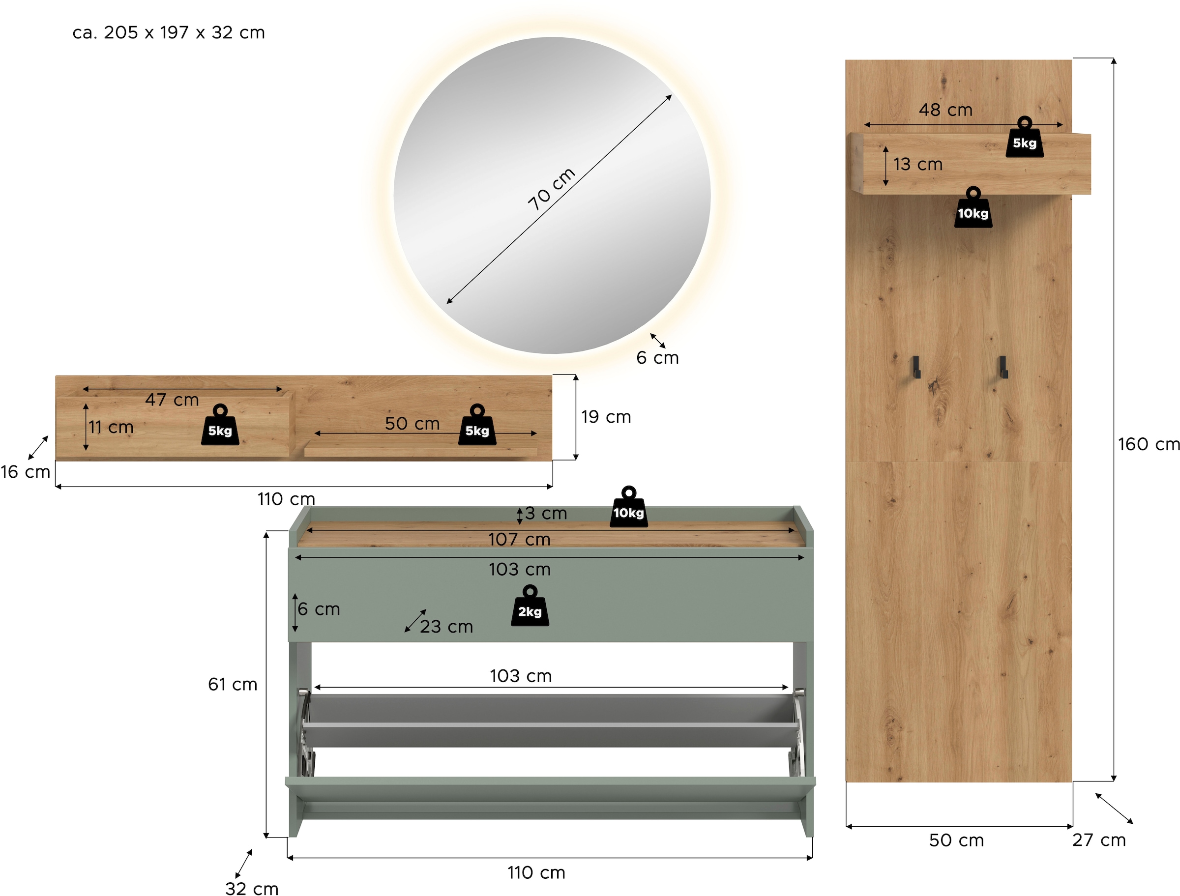 INOSIGN Garderoben-Set »EVRID, 4-teilig, Breite 205 cm, inkl. Beleuchtung« best. aus: Wandboard, Kommode, Spiegel, Garderobenpaneel, 4 Stk. tlg.