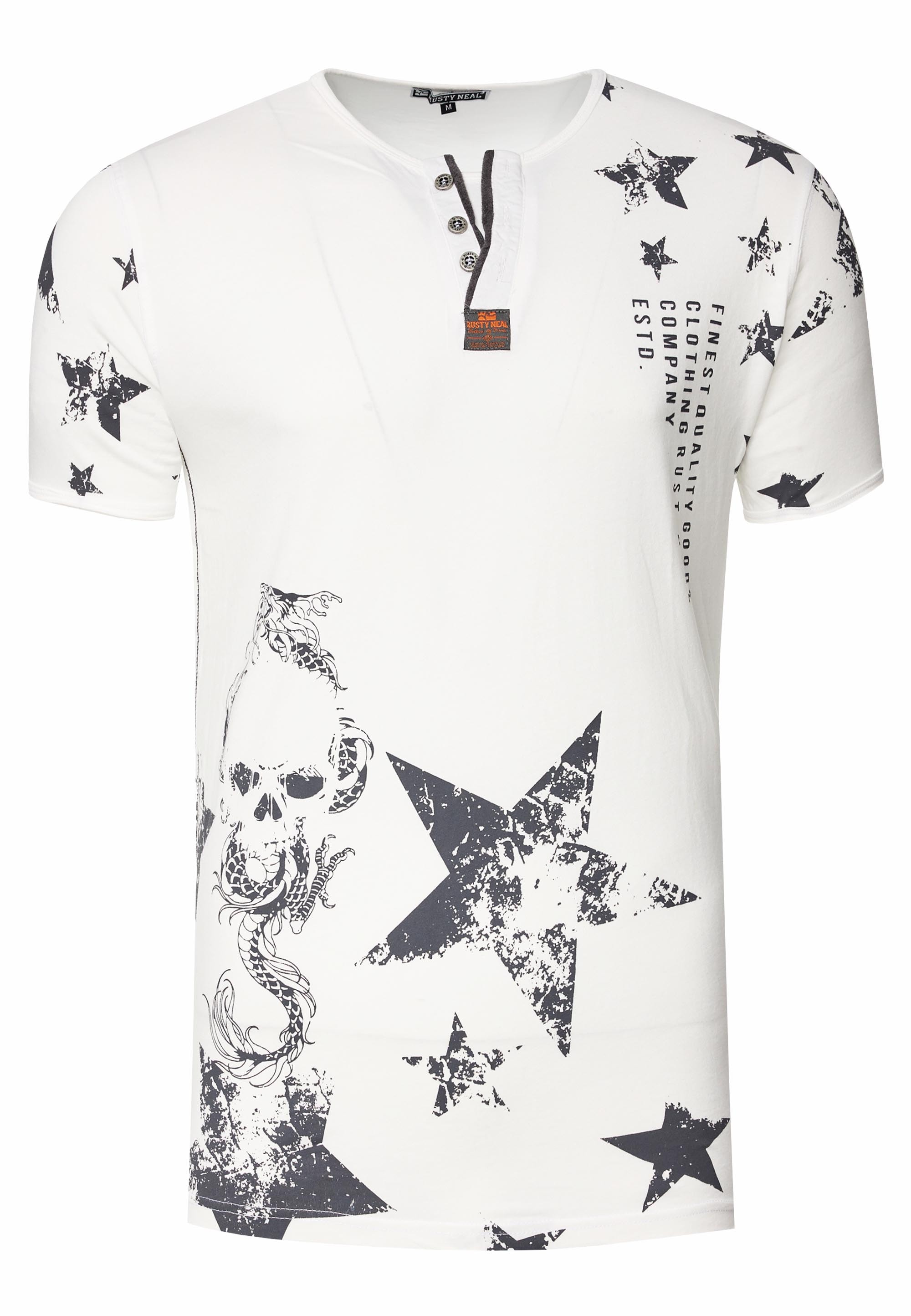 Rusty Neal T-Shirt, mit Skull-Print und Knopleiste