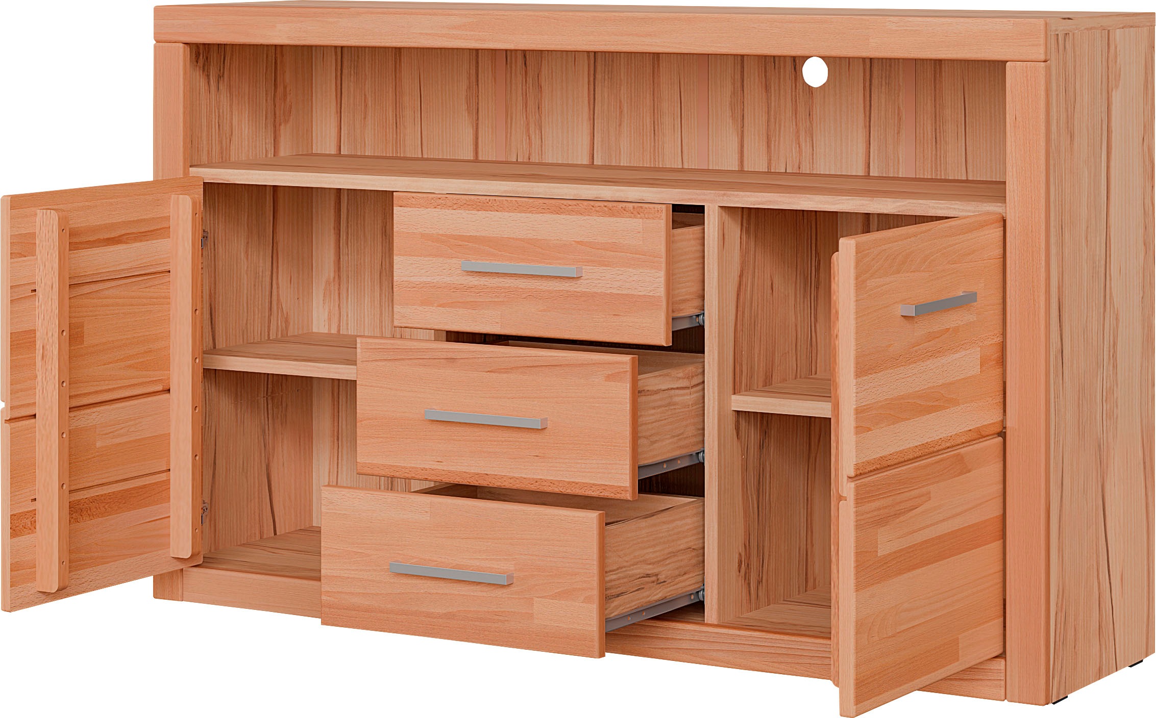 OTTO home Sideboard »Ribe,130cm breit,80cm hoch,Oberplatte Holz massiv,6 Fächer« Holz massiv, Holzwerkstoff, Metall Griffe,2 Türen,3 Schubladen