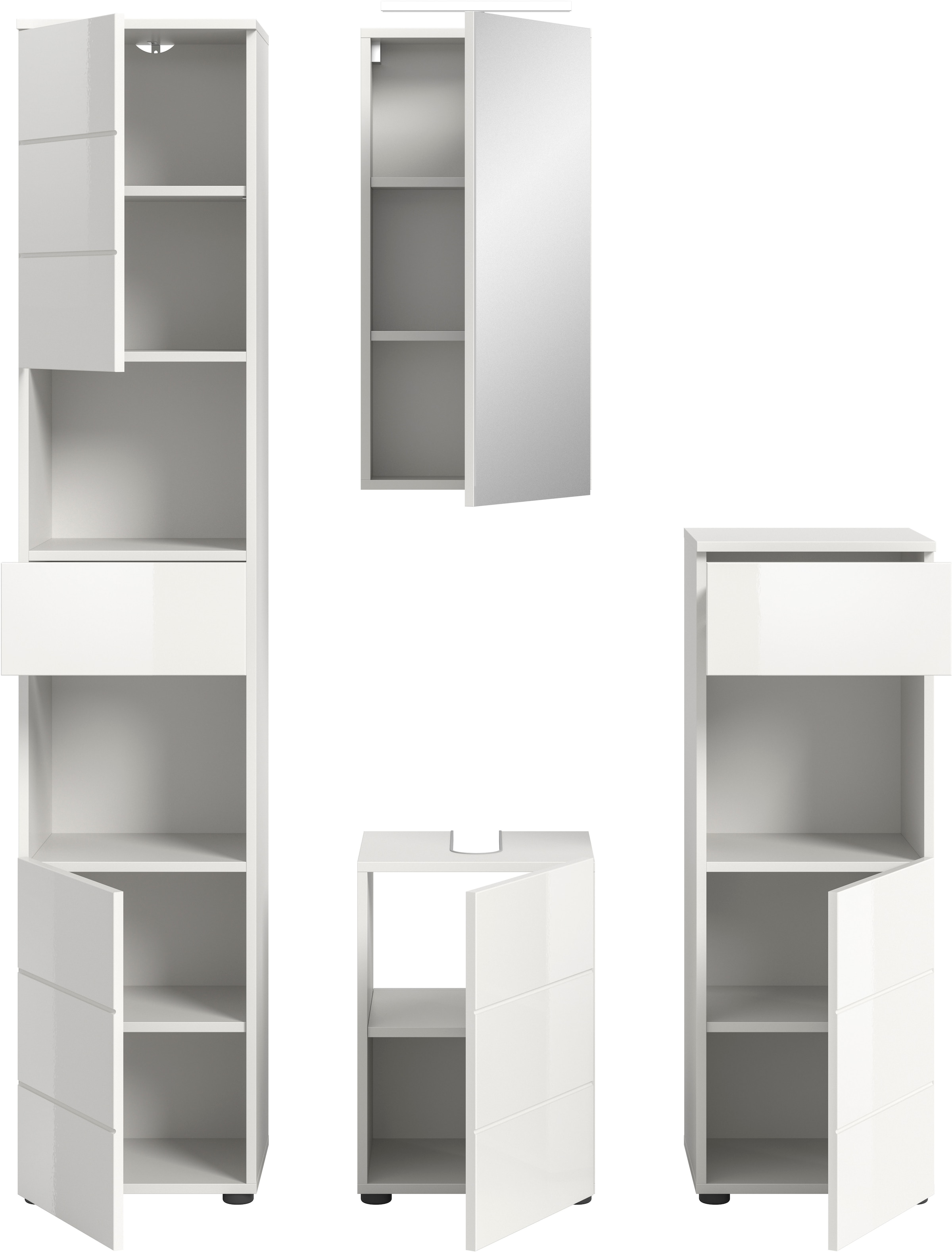 welltime Badmöbel-Set »Biel, Höhe 190 cm,Hochschrank,WBU, Spiegelschrank, Unterschrank, Lampe«, (5 St.), Bad Set, modern, Hoch-und Unterschrank, Spiegel, Aufsatzleuchte