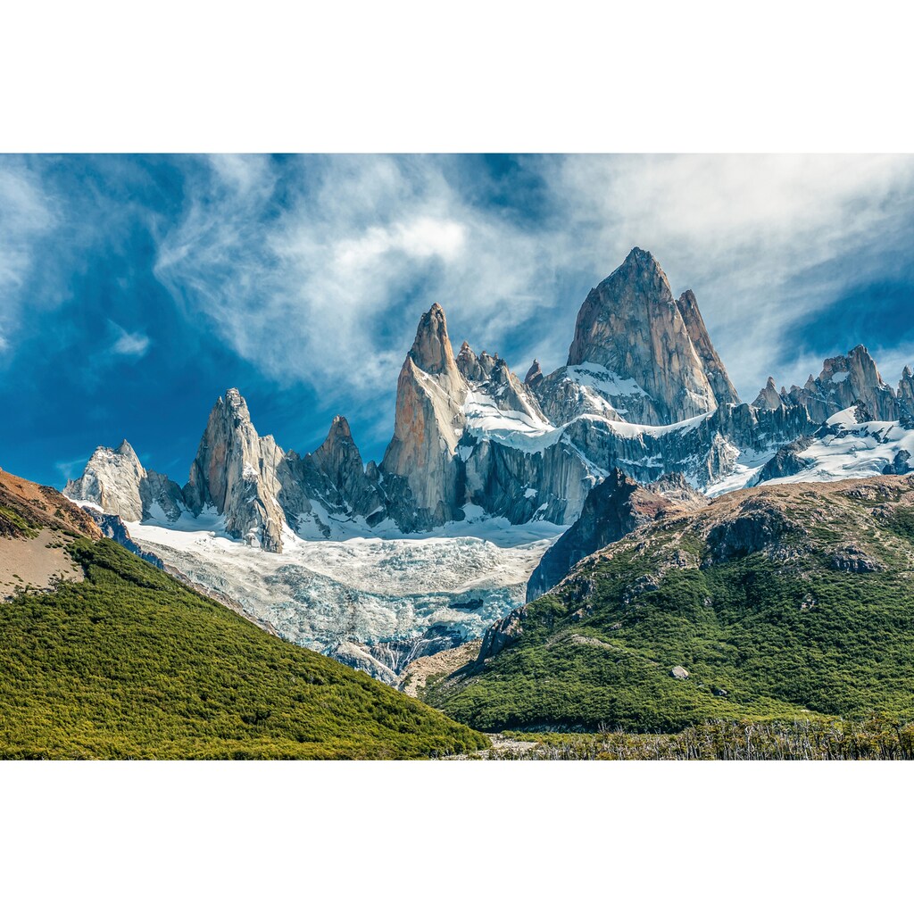 Papermoon Fototapete »GEBIRGE-PATAGONIEN BLUMEN BERGE WIESE SONNE WALD FLUSS«