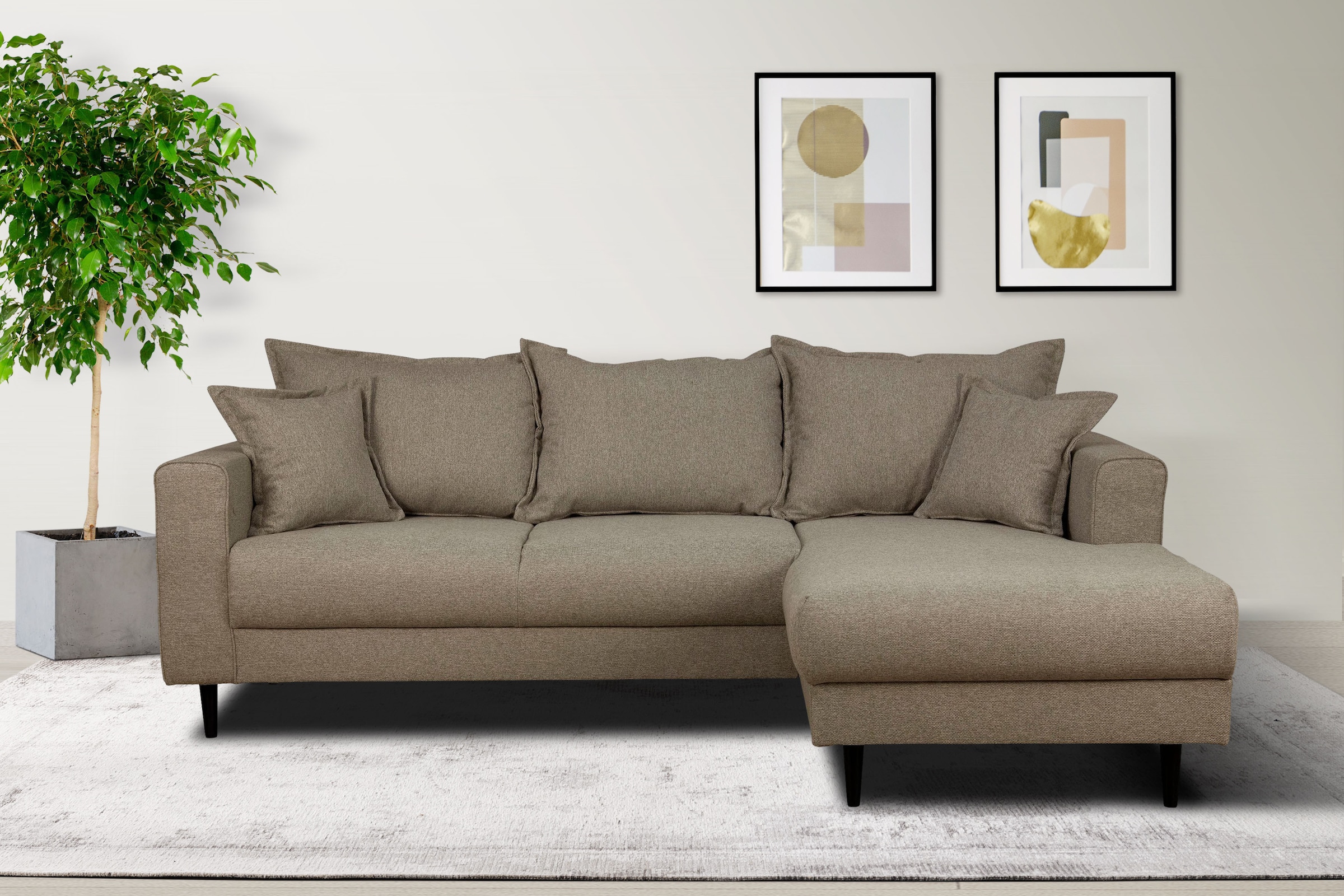 Home affaire Ecksofa "VEYRAS L-Form, hoher Sitzkomfort, Maße B/T/H: 230/150/76 cm" mit Wellenunterfederung, incl. Rückenkissen und Zierkissen