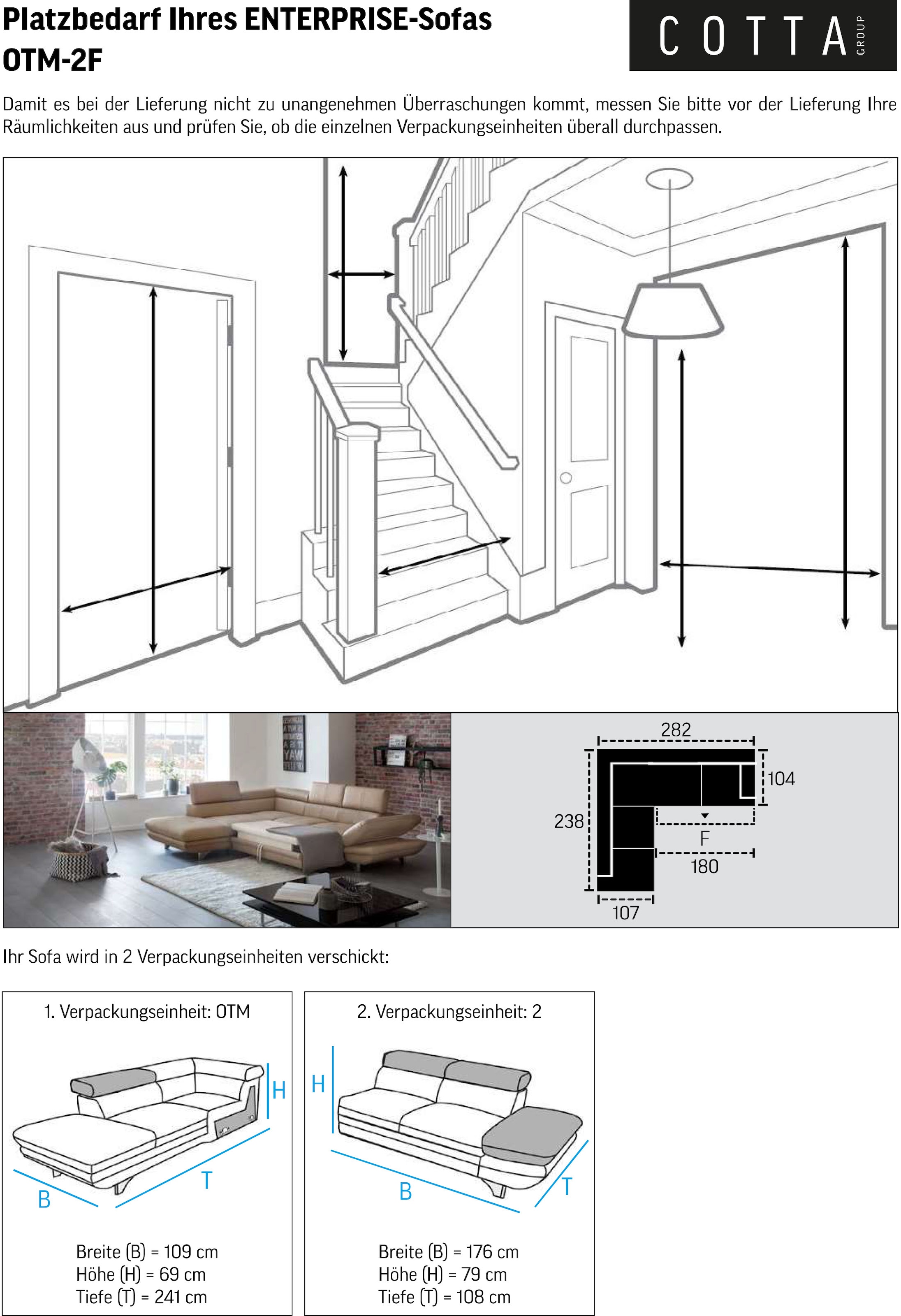 COTTA Ecksofa »Enterprise L-Form«, mit Arm- & Kopfteilverstellung, wahlweise mit Bettfunktion
