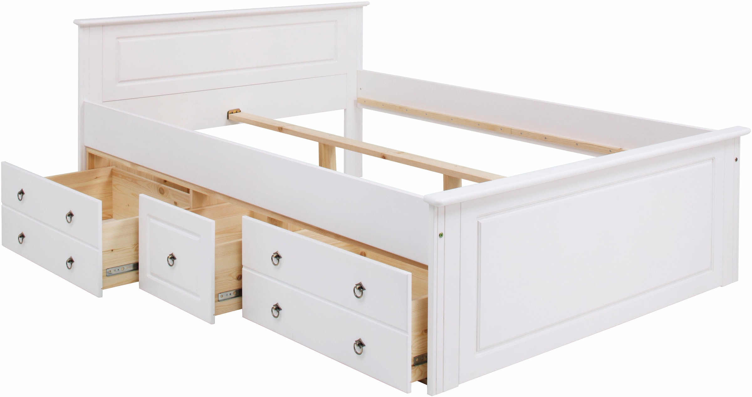Home affaire Massivholzbett »Hugo, hohe Belastbarkeit! FSC® zertifiziertes Massivholz, Landhausstil«, (Breite/Belastbarkeit 180cm/200KG, 140cm/180KG), Stauraumbett aus massiver Kiefer