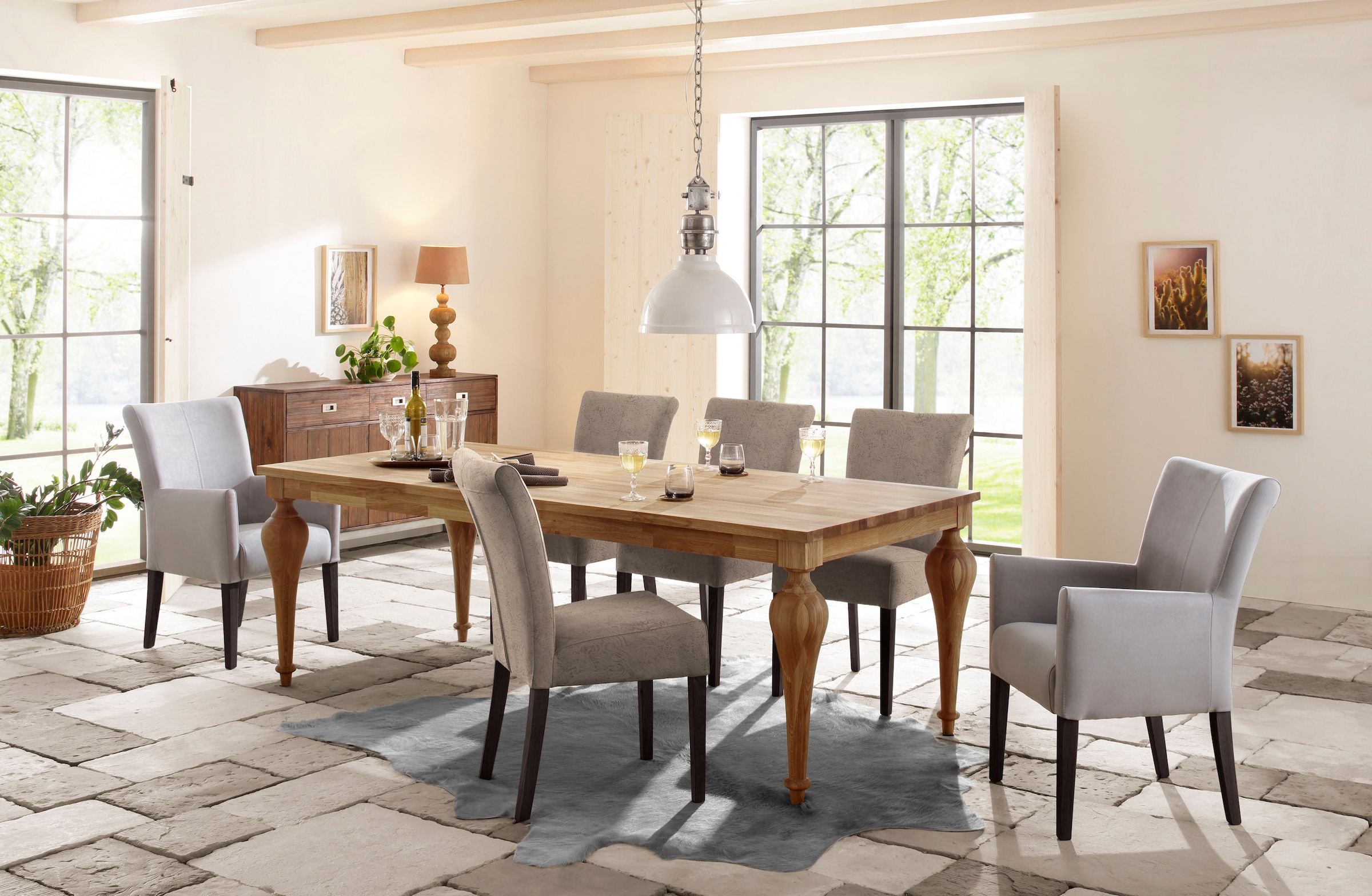 Home affaire Esszimmerstuhl »Queen«, (Set), 6 St., Luxus-Microfaser mit Druck, Beine aus massiver Buche, wengefarben lackiert, Polsterstuhl
