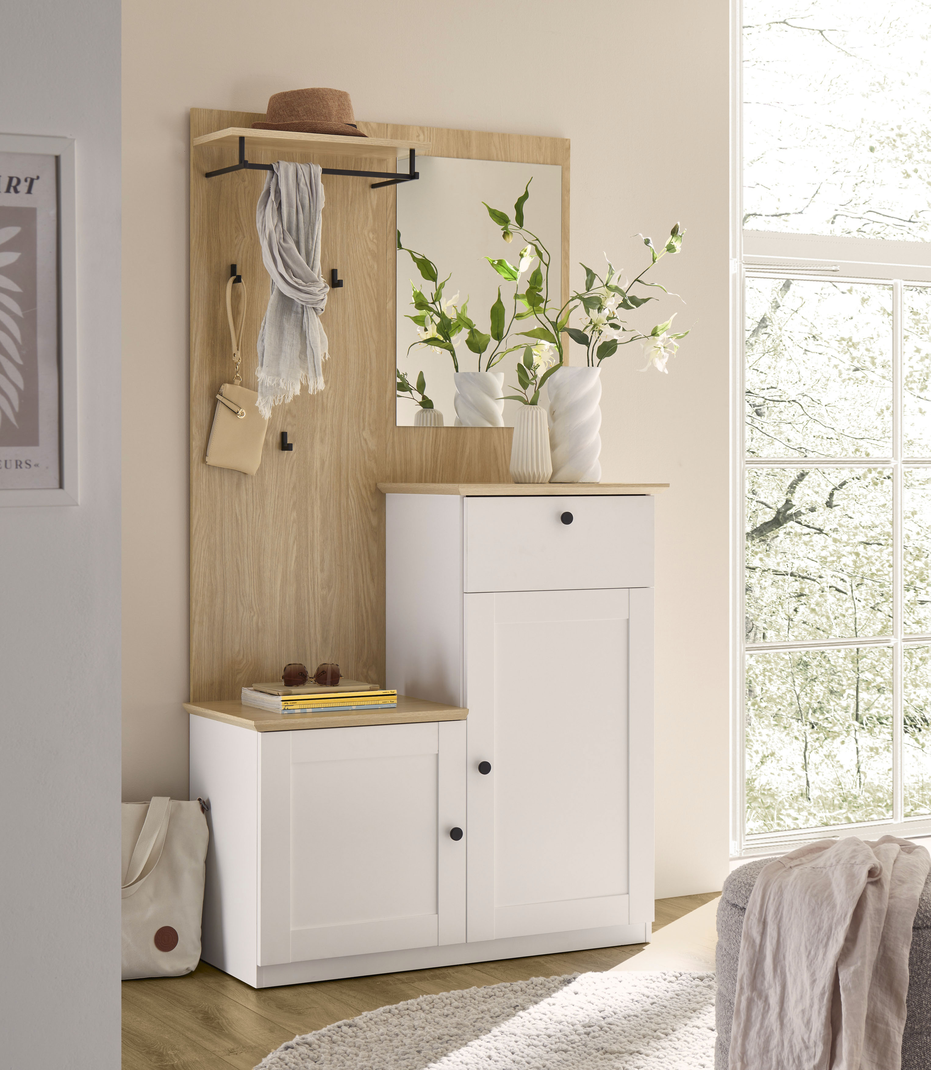 OTTO home Kompaktgarderobe "Brest, Garderobe im Landhausstil, Flurgarderobe, Dielenschrank" schwarze Metallgriffe, viel Stauraum, für kleine Räume geeignet