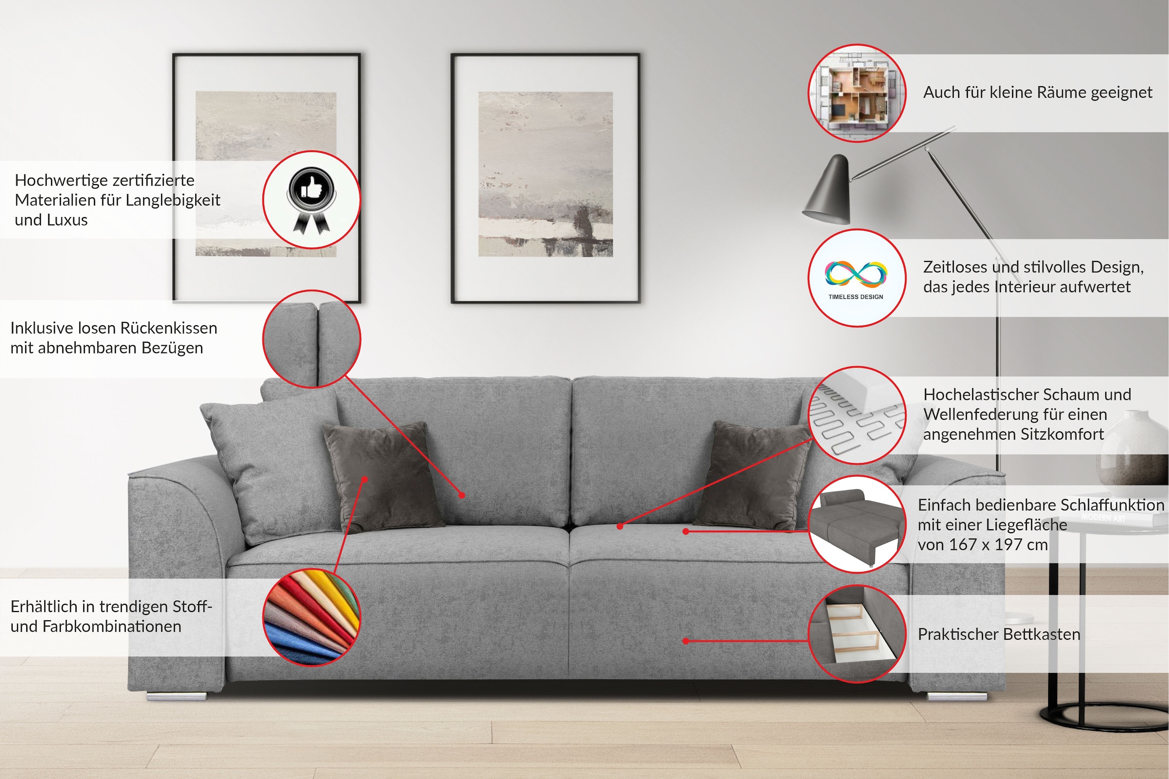 INOSIGN 3-Sitzer Beatrice Schlafsofa, wahlweise auch mit Bettfunktion und Bettkasten, incl. 2 Zierkissen
