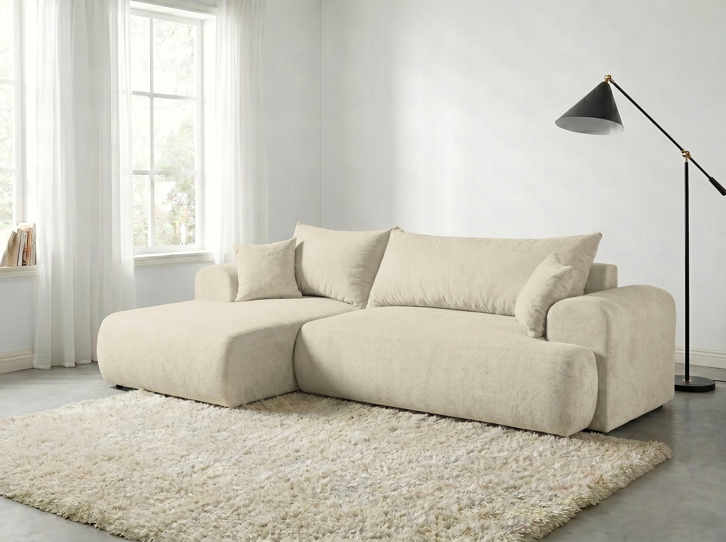 WERK2 Ecksofa »Ewela 265 cm breit organisches Design & Komfort, mit Bett & Bettkasten« Bouclé, L-Form, Schlaffunktion, Bettkasten