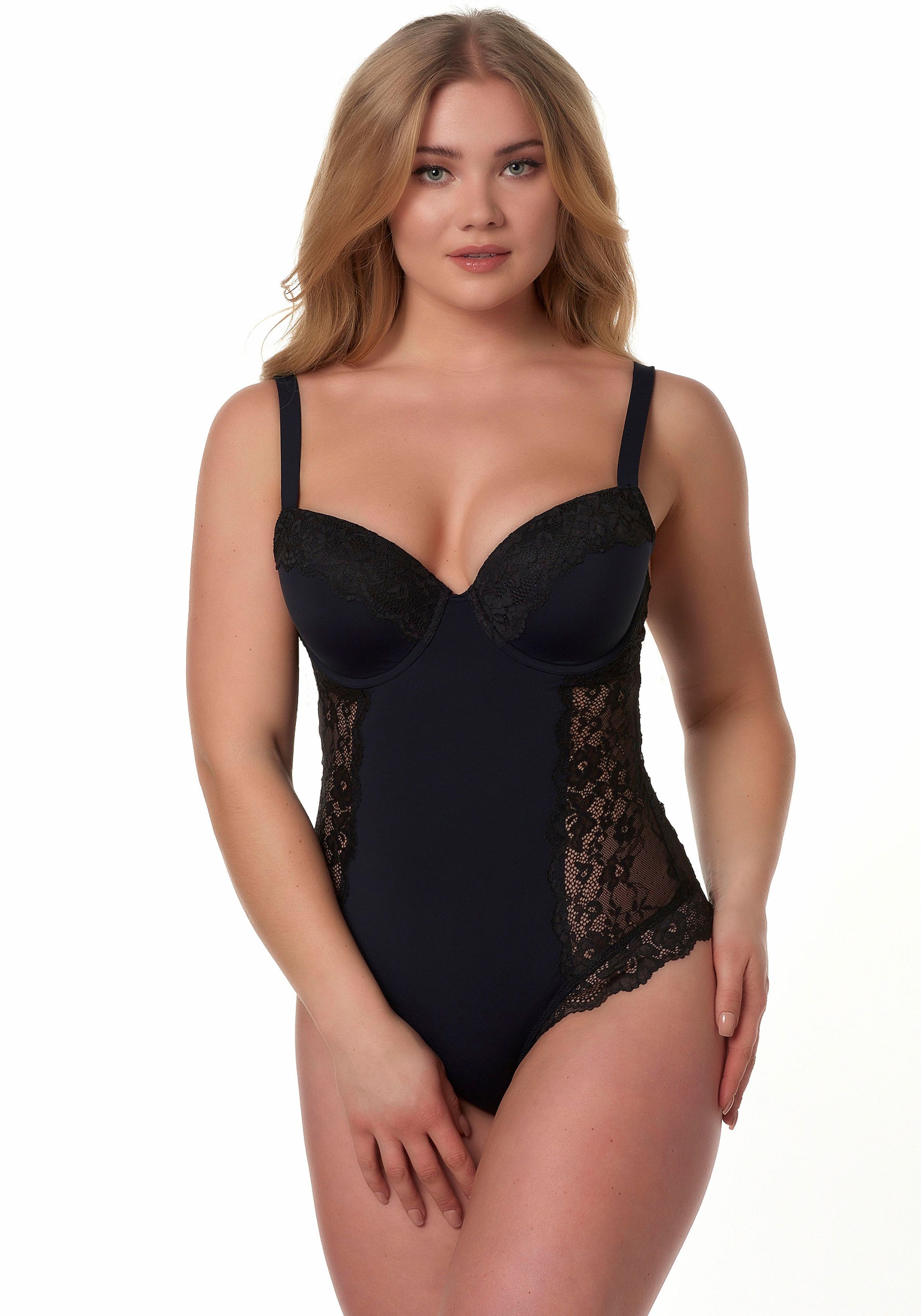 Damen Body "MILA", schwarz, Gr. 95, AFTER EDEN D-CUP & UP, unifarben, Obermaterial: 86% Polyamid, 14% Elasthan, Bodys, mit Spitze, verstellbare