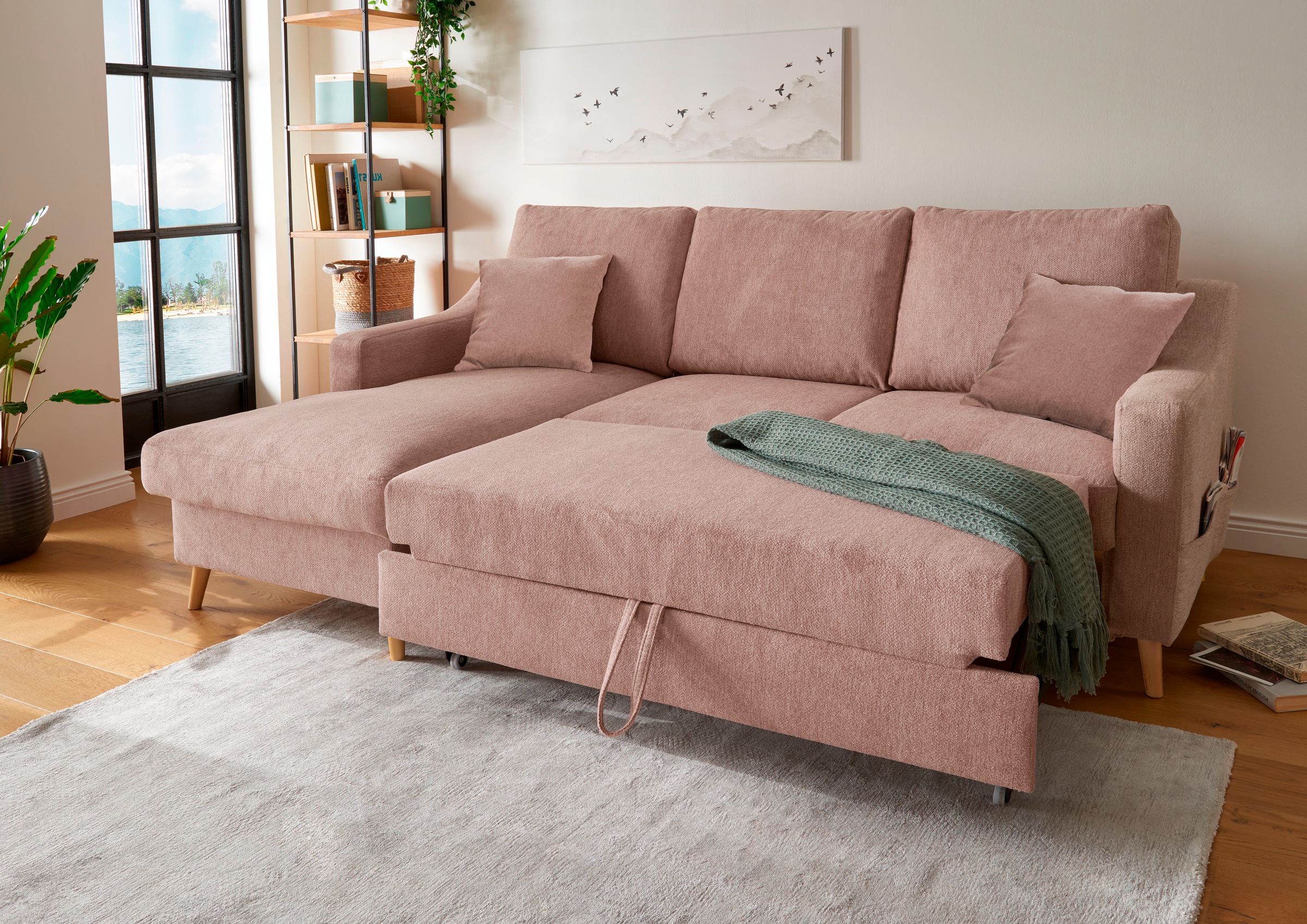 INOSIGN Ecksofa »Valentina L-Form«, 2 Zierkissen, mit Seitentasche, ausziehbarer Liegefläche, Bettkasten