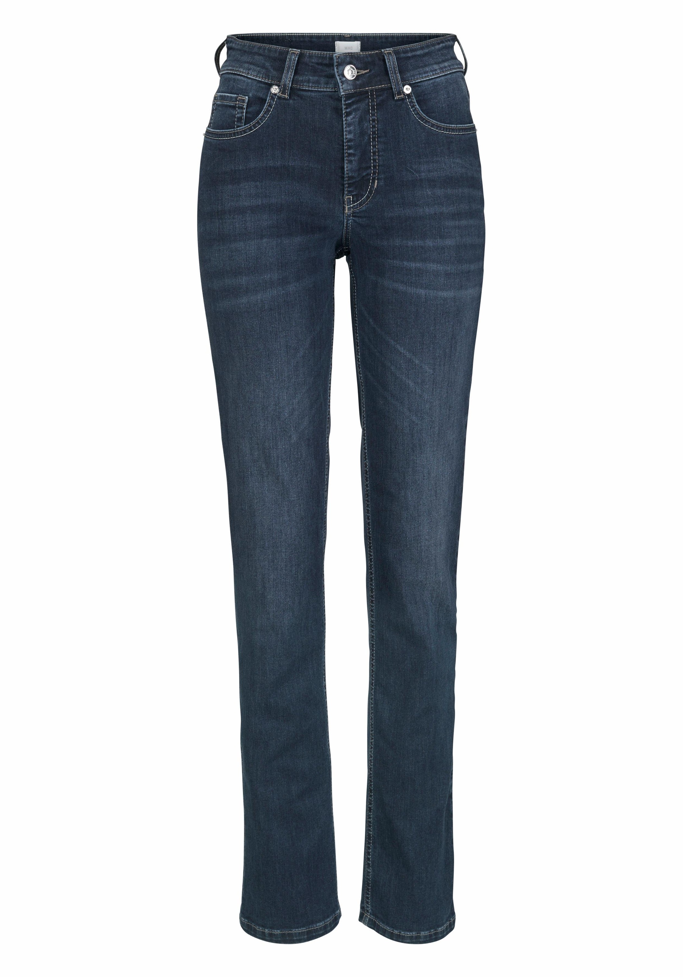 Stretch-Jeans MAC "Melanie", Damen, Gr. 48, Länge 30, blau (new basic wash), Denim/Jeans, Obermaterial: 98% Baumwolle, 2% Elasthan, Abriebeffekte, figurbetont lang, Jeans, Gerade geschnitten, Topseller 3