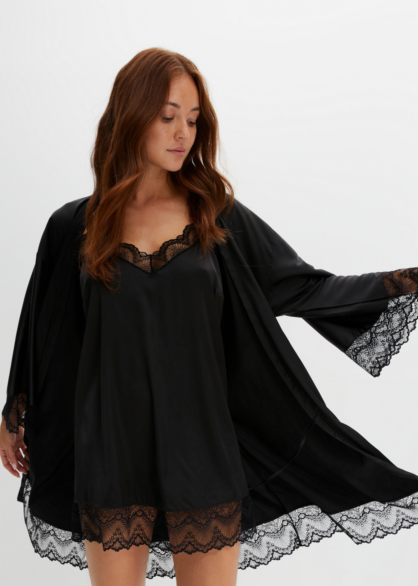 bonprix Set, 2 Stk. im Kimono-Stil mit Negligé, mit hochwertiger Spitze