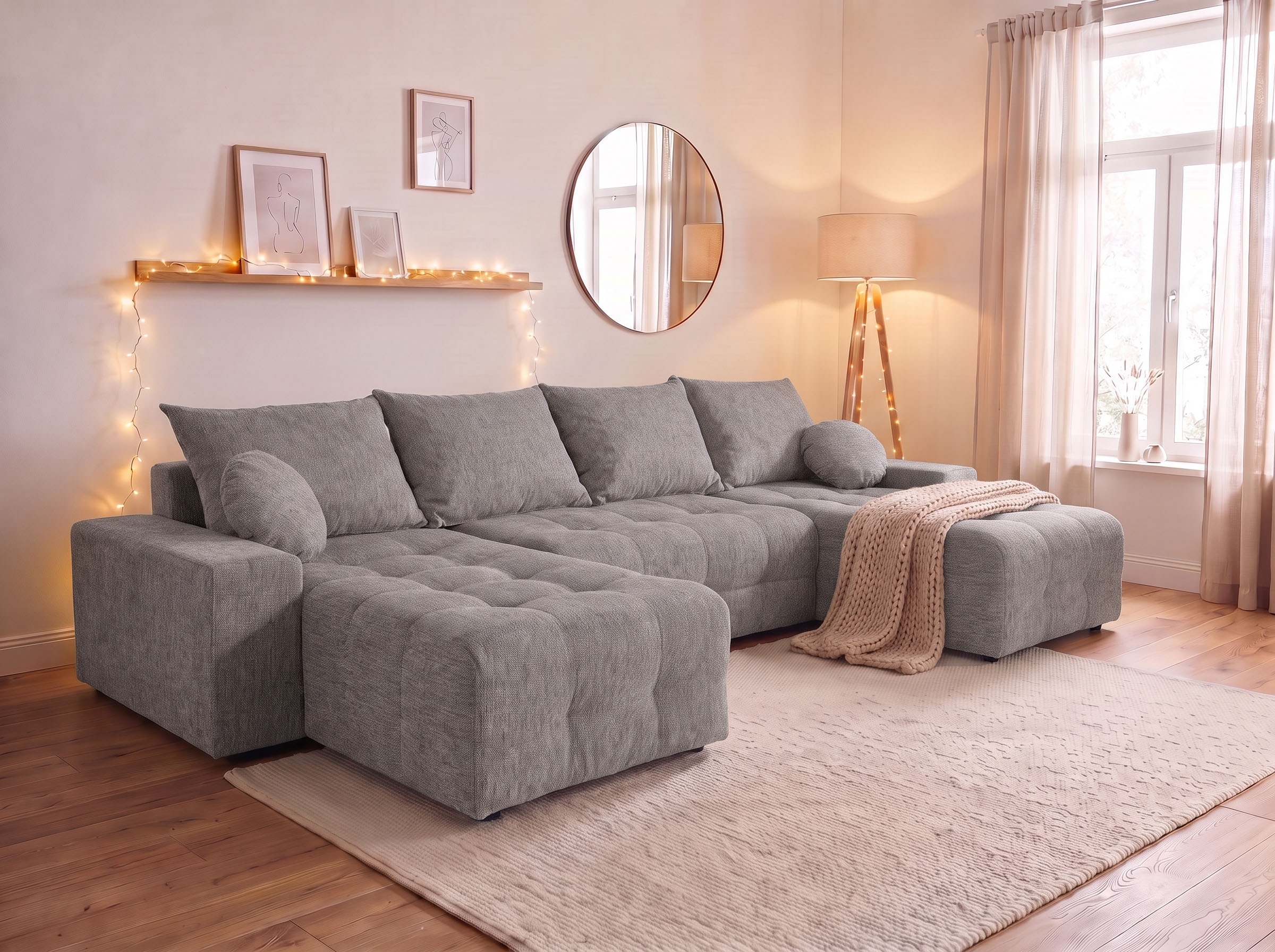 OTTO home Wohnlandschaft "Jessy U-Form, B: 313 cm, in Cord & weiteren Bezügen" Schlaffunktion, Bettkasten, Tonnentaschenfederkern-Polsterung