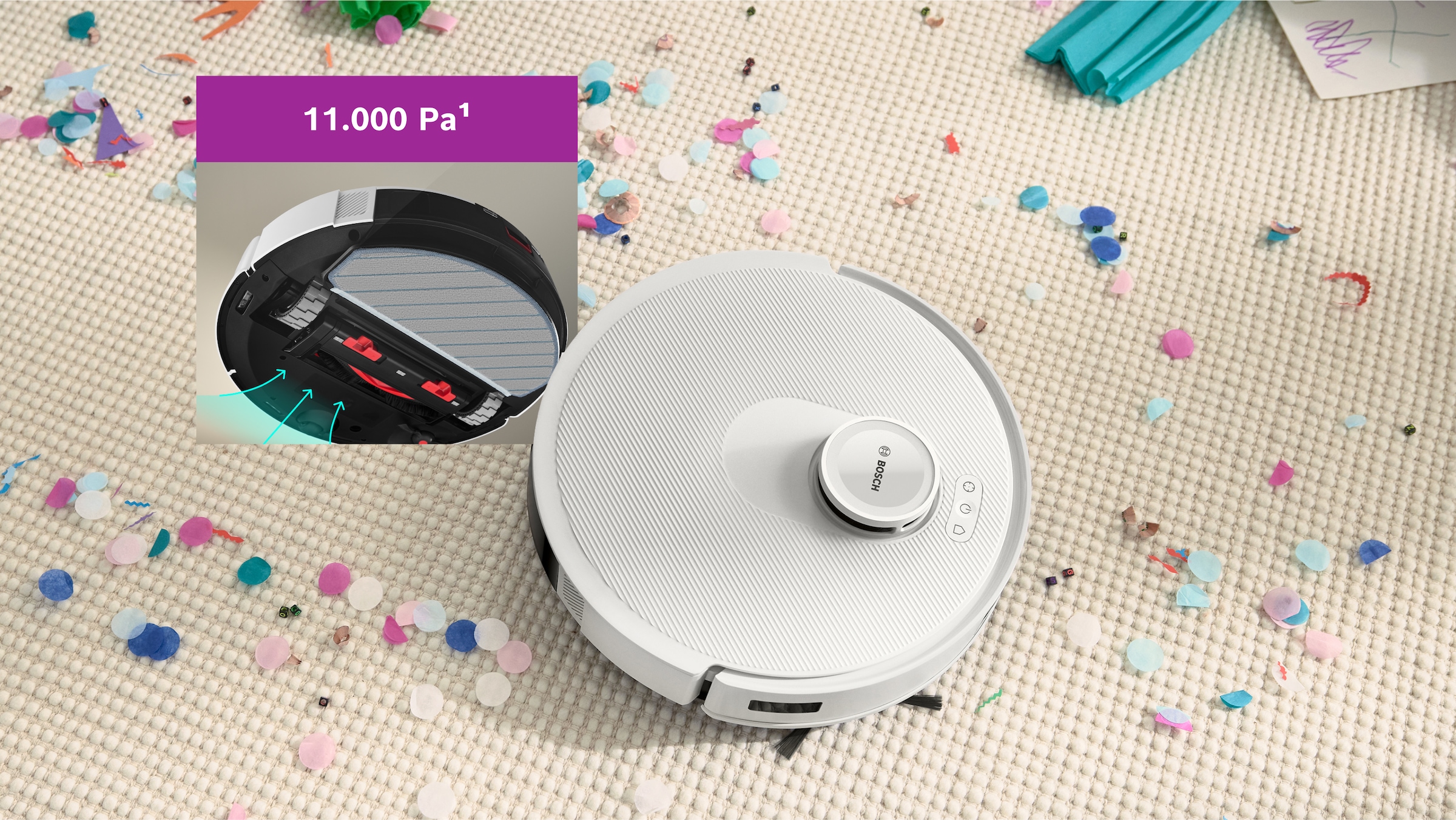 BOSCH Saugroboter »Spotless BCRC1W, Saugroboter mit Wischfunktion, 11.000 Pa Saugkraft«, Ladestation, einfache Navigation mit Infrarot-Licht, Carbon Bürste
