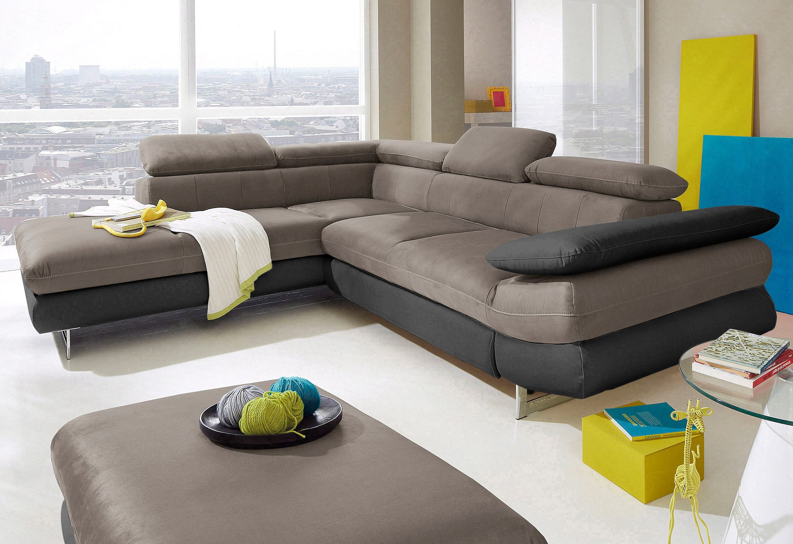 COTTA Ecksofa "Solution L-Form, Design Sofa, bequeme Wellenunterfederung, Design Fuß" mit Arm- & Kopfteilverstellung, wahlweise mit Schlaffunktion