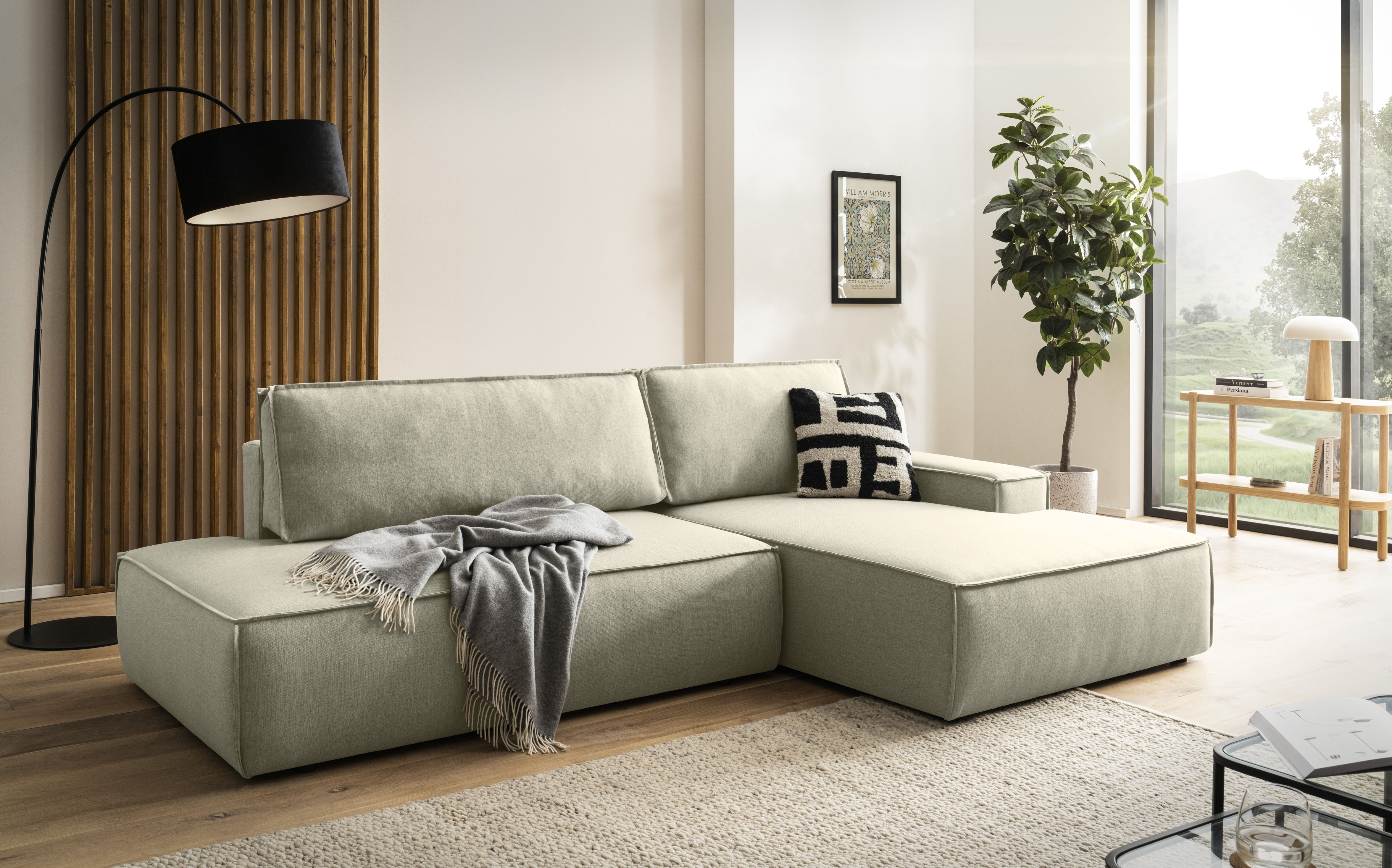 OTTO home Ecksofa "SHERWOOD Leinenoptik Schlafsofa in L-Form offen (275cm)" Schlaffunktion und Bettkasten, Kedernaht, hoher Sitz- & Liegekomfort