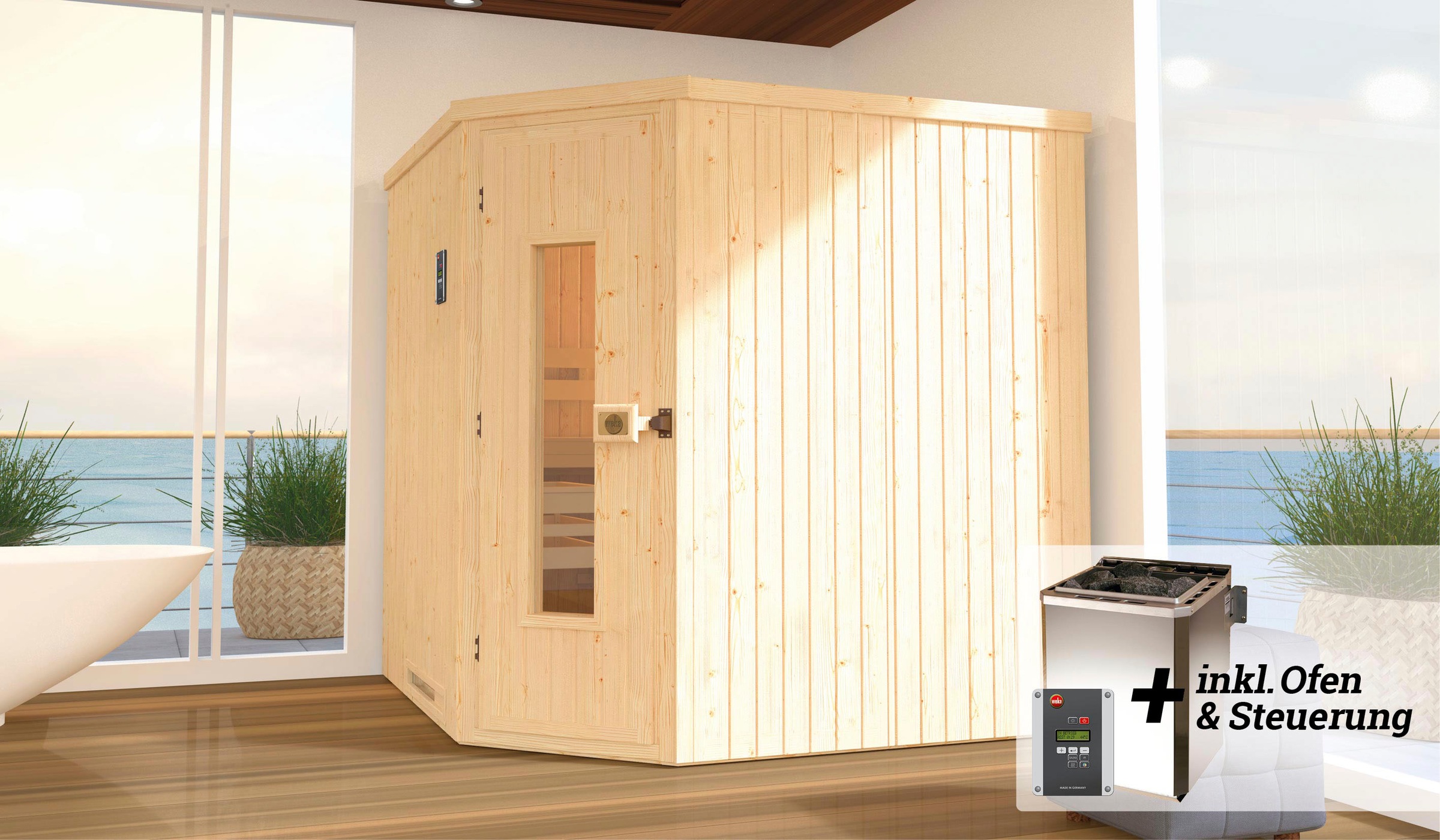 weka Sauna »Varberg«, (Set), 7,5 kW Bio-Ofen mit digitaler Steuerung