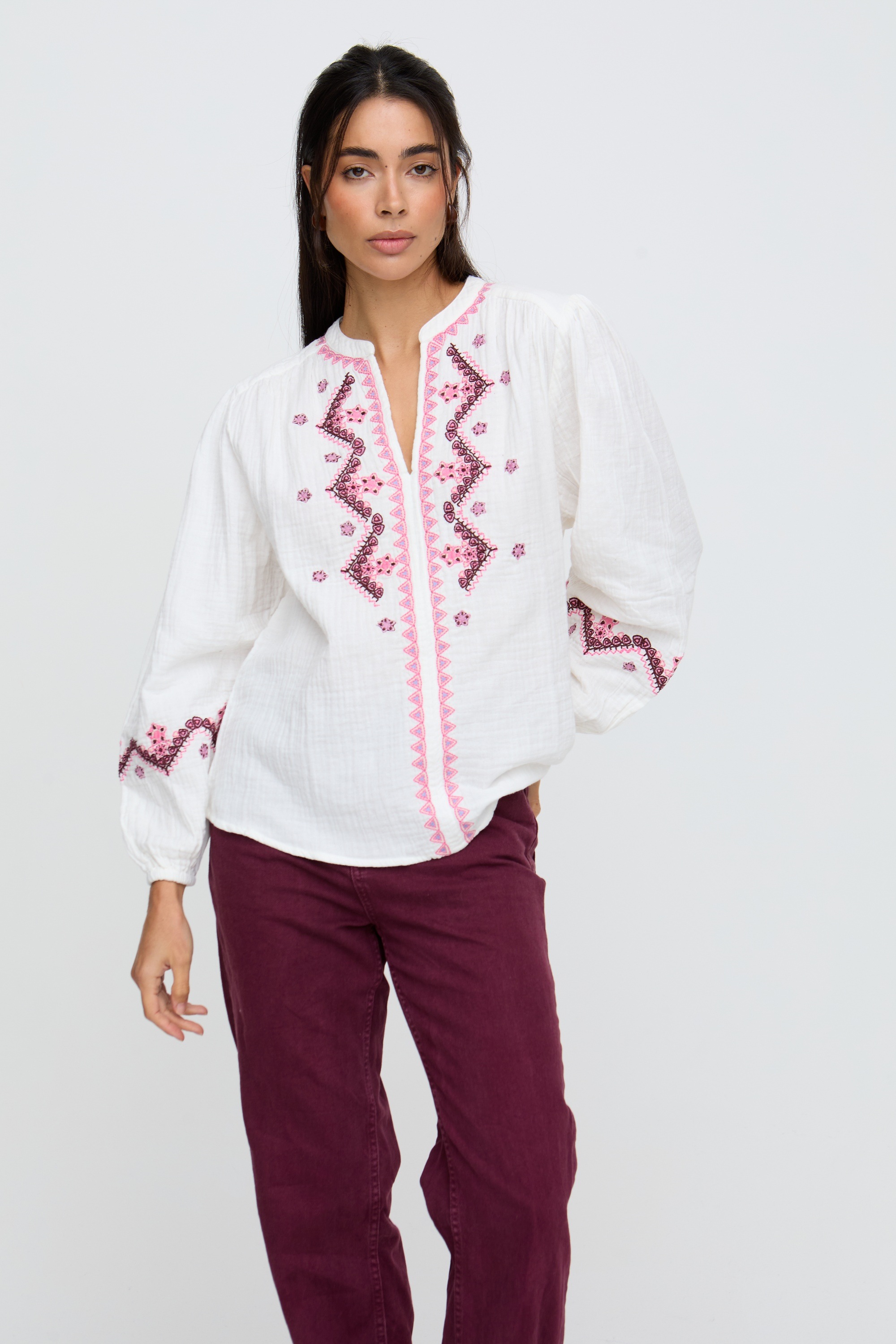 RAFFYA Hemdbluse "Dina V-Neck Embroidered Blouse Damen" günstig online kaufen